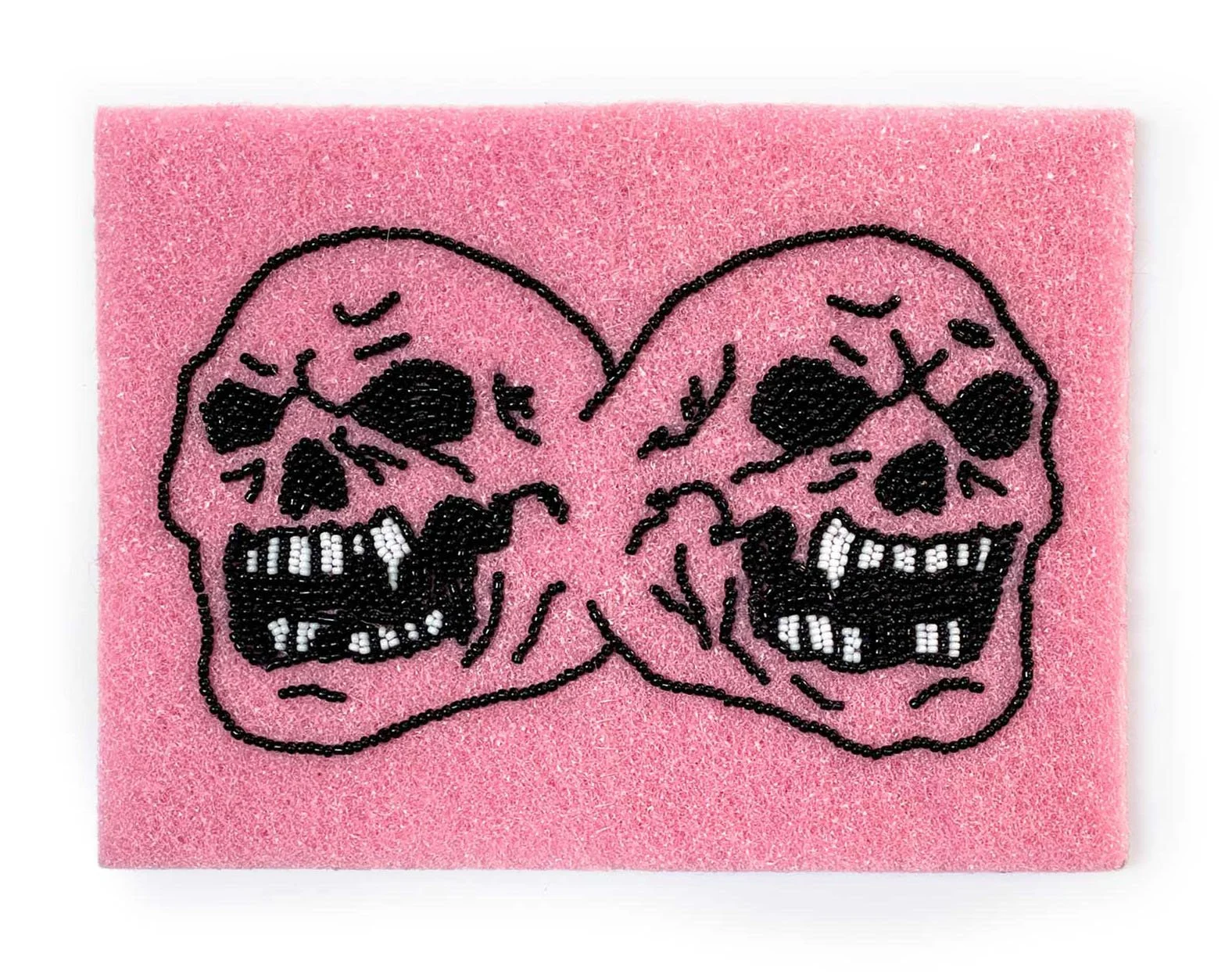 SpongeConjoined Skulls, 2025, Kitchen Sponge, Japanese Glass beads, Egyptian thread, 15cm x 20cm, Frame size 30cm x 20cm price: $400.00