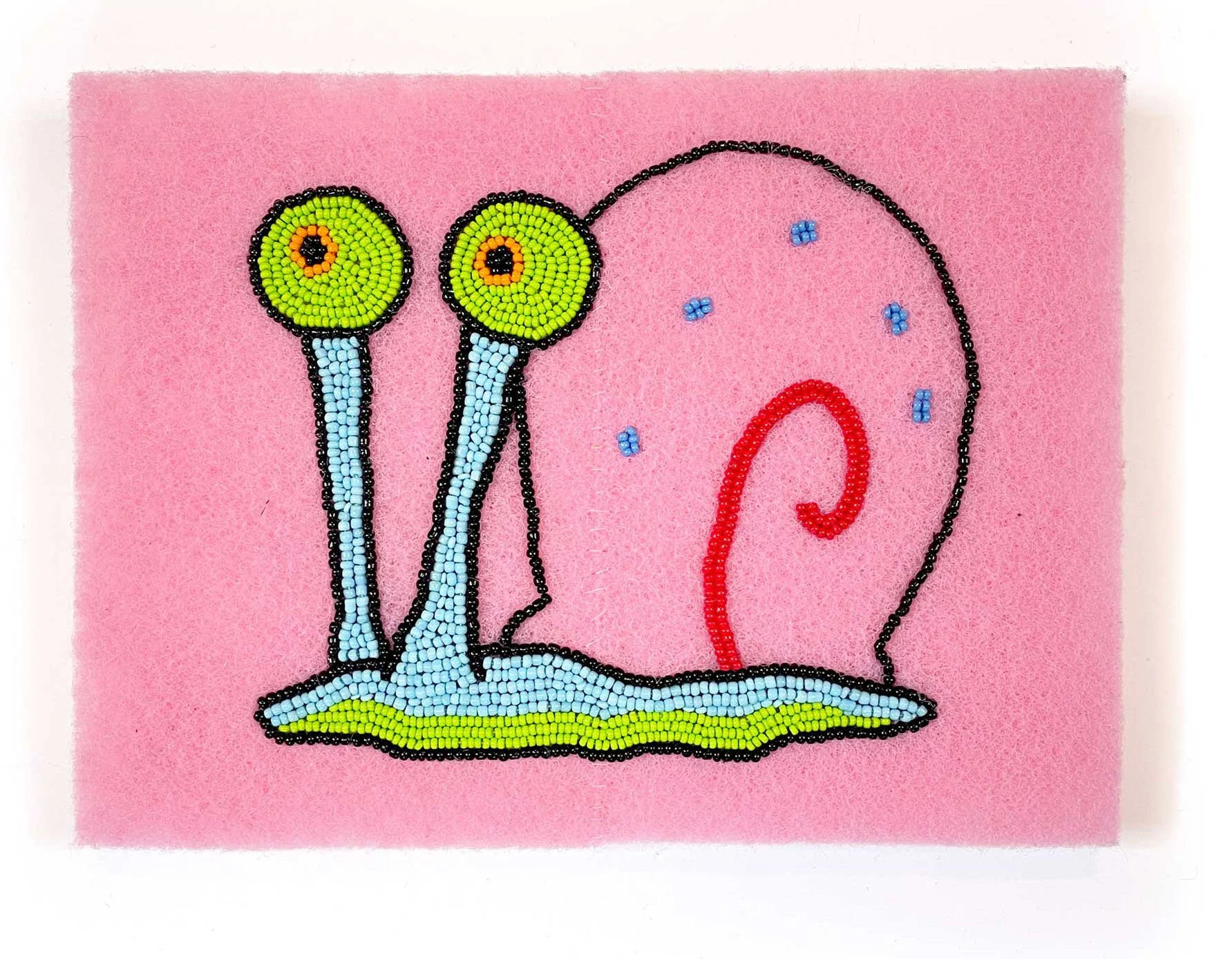 SpongeGary, 2025, Kitchen Sponge, Japanese Glass beads, Egyptian thread, 15cm x 20cm, Frame size 30cm x 20cm price: $400.00
