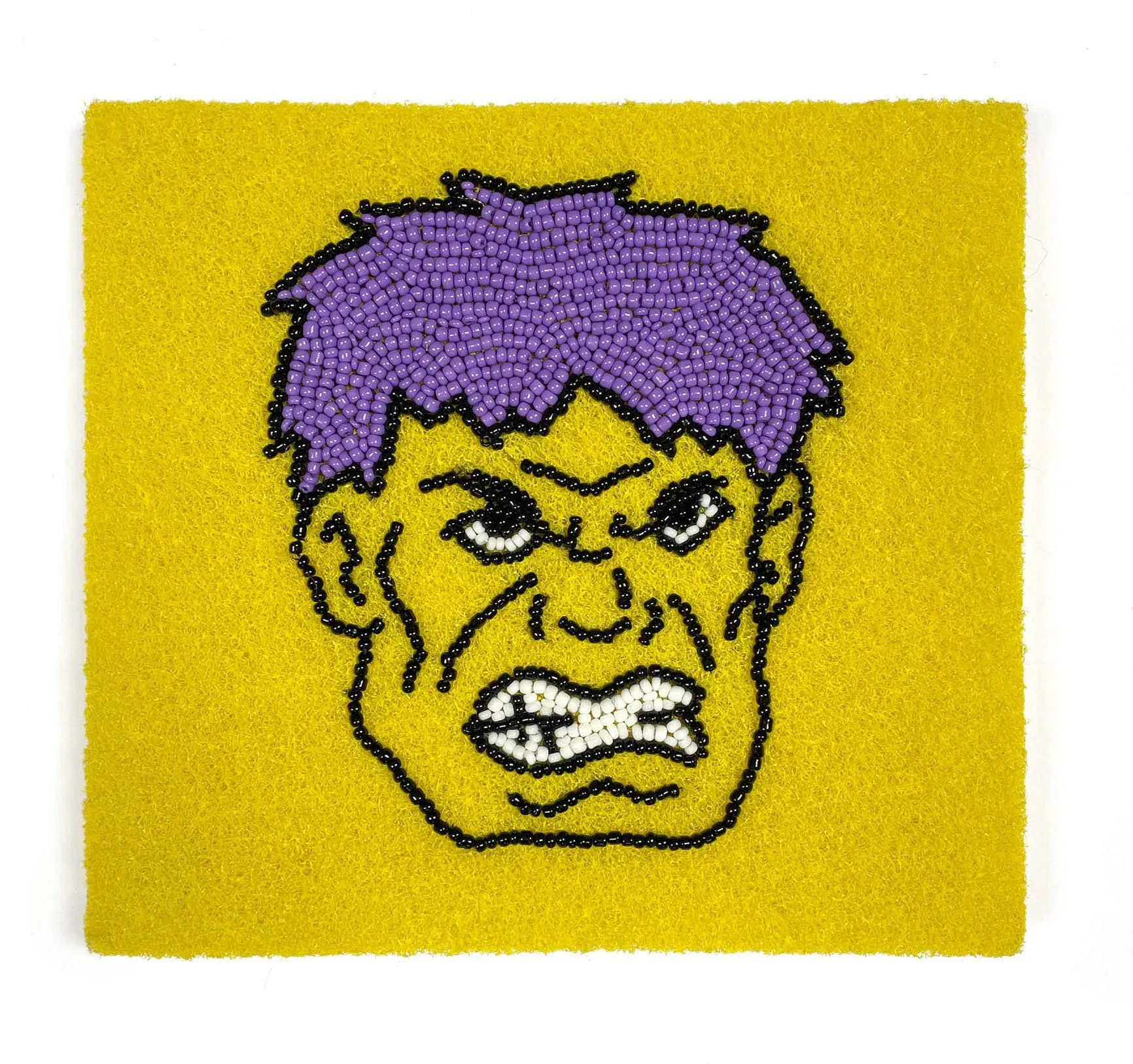 SpongeHulk, 2025, Kitchen Sponge, Japanese Glass beads, Egyptian thread, 10cm x 15cm, Frame size 25cm x 25cm price: $350.00