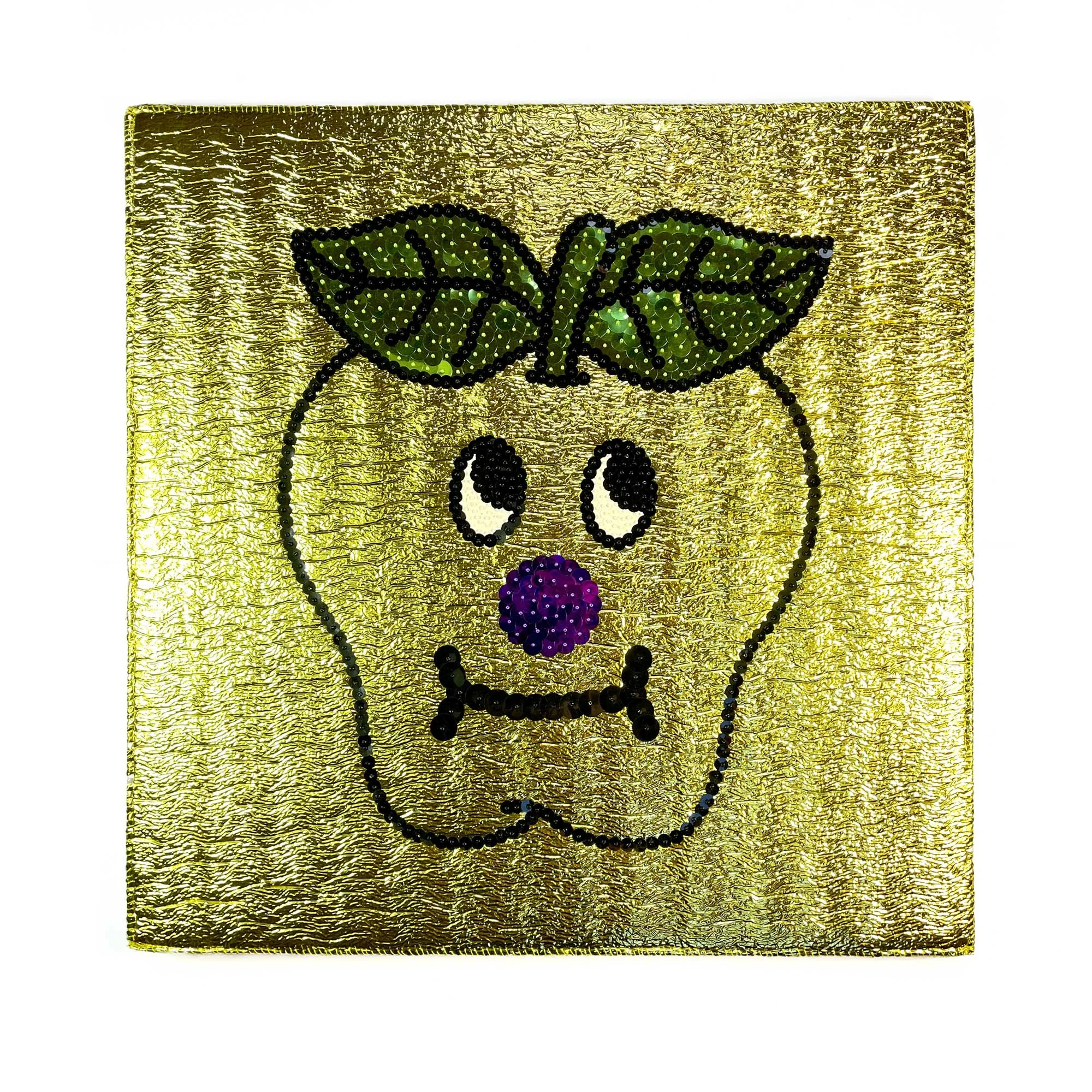 UnderlayGolden Delicious, 2025, Carpet Underlay, Sequins, Japanese Glass beads, 60 x 60cm price: $850.00