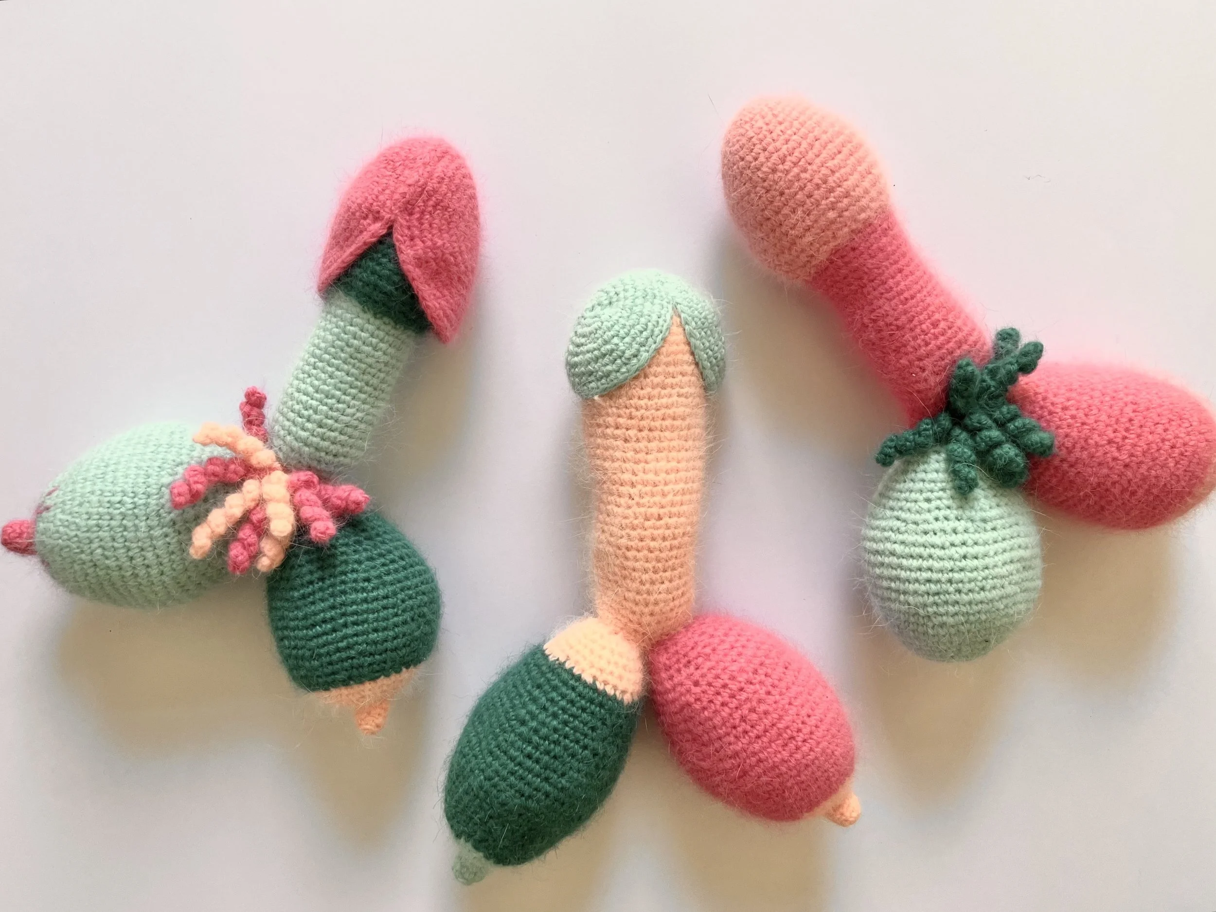 The Big Reveal,(Bitch Tits I, Bitch Tits II and BRIII, 2025, crochet sculpture, 40 × 35 × 8cm price: $550.00 each, set of three $1,500.00