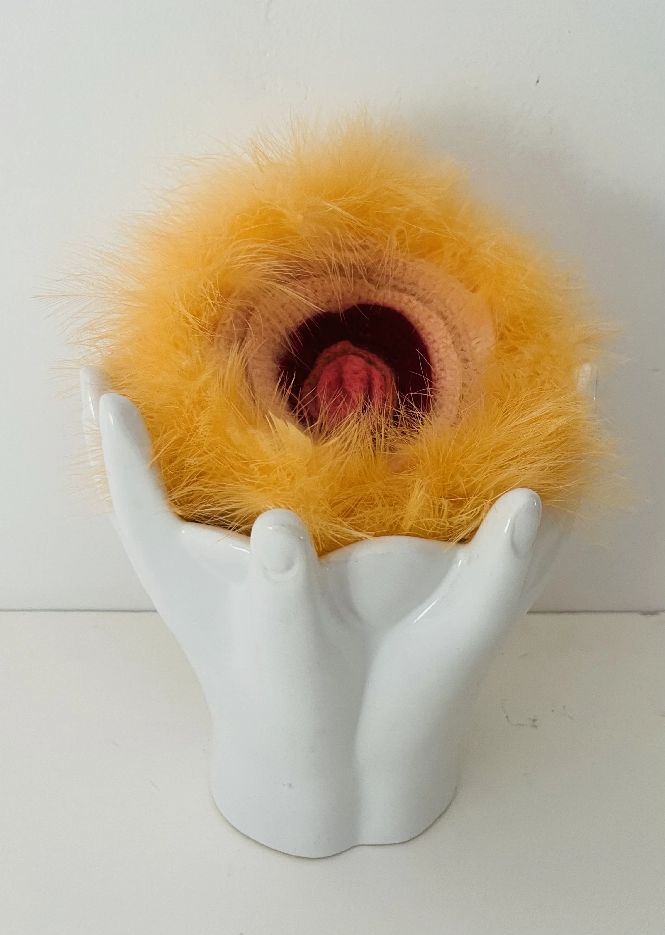 Hand Job, 2025, crochet sculpture with found ceramic, 22 × 15 × 14cm price: $825.00