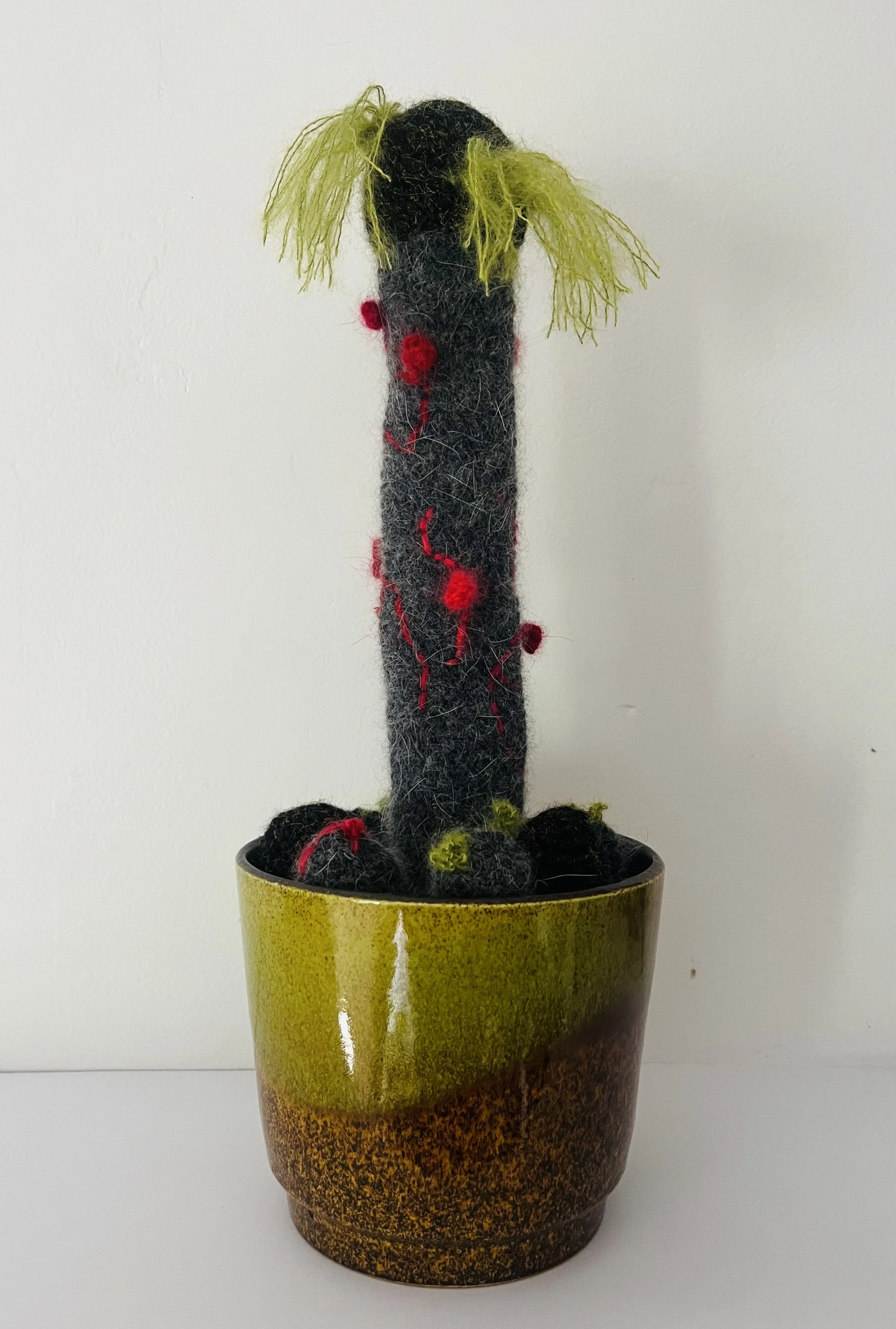 Pot erectus, 2025, crochet sculpture and found ceramic, 35 × 12 × 12cm price: $750.00
