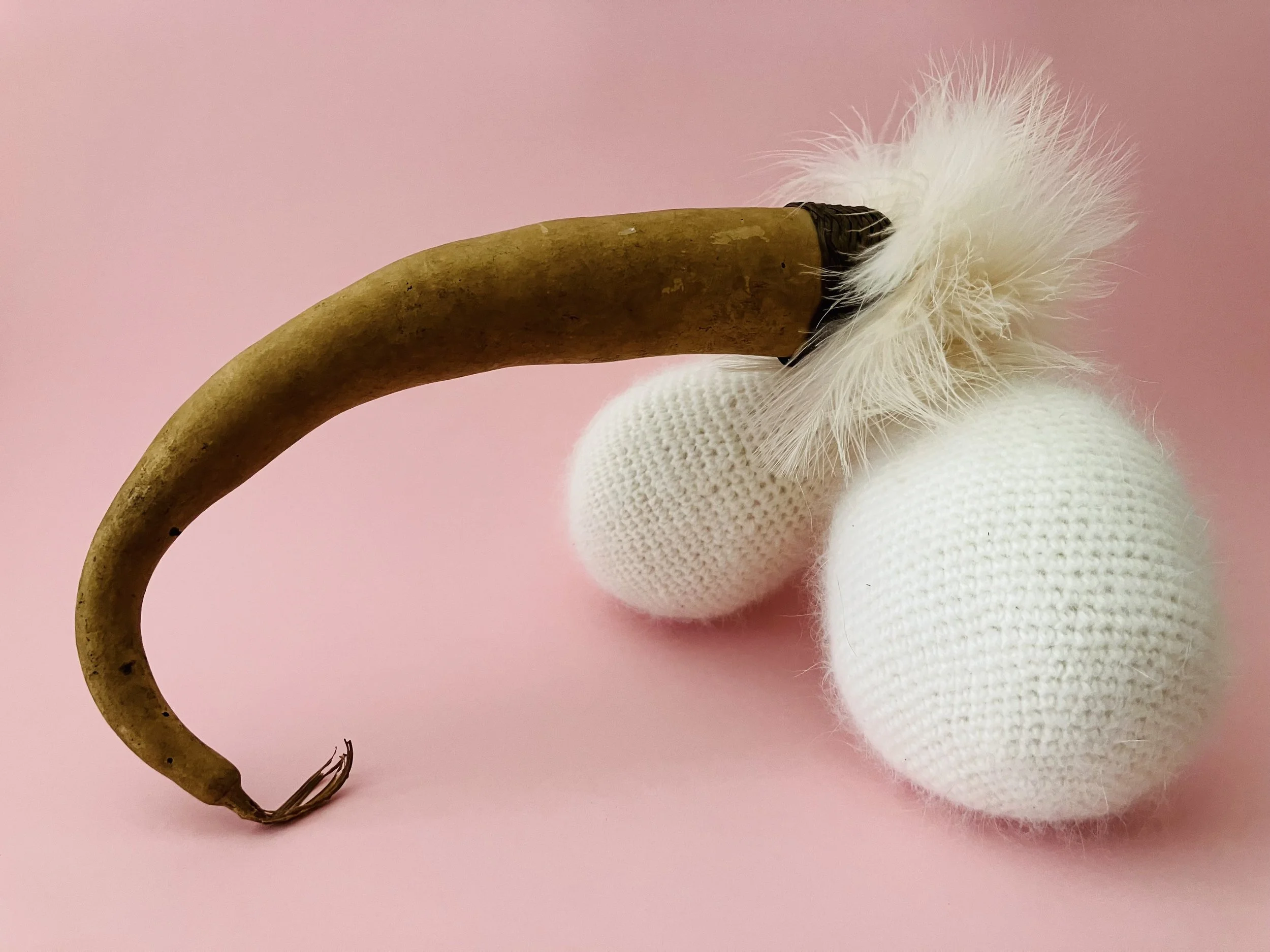 Lordy Gourdy, 2025, crochet sculpture and found gourd, 20 × 26 × 15cm price: $795.00