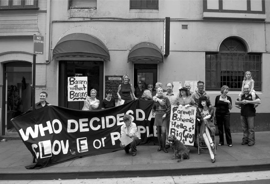 Locals protesting outside Barons Tavern, Roslyn St, 2007, Ilford Textured Cotton Rag, 310gms, 29.7 x 42cm image size, ed. of 5 price: $450.00 u/f, $550.00 framed