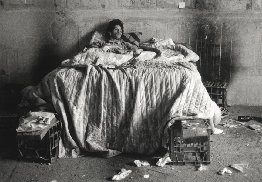 The Squat 2 (now underground car park for Elan, a high rise building). Eddie in bed, 1995, Ilford Textured Cotton Rag, 310gms, 24 x 30cm image size, A/P, rare vintage print price: $950.00 framed