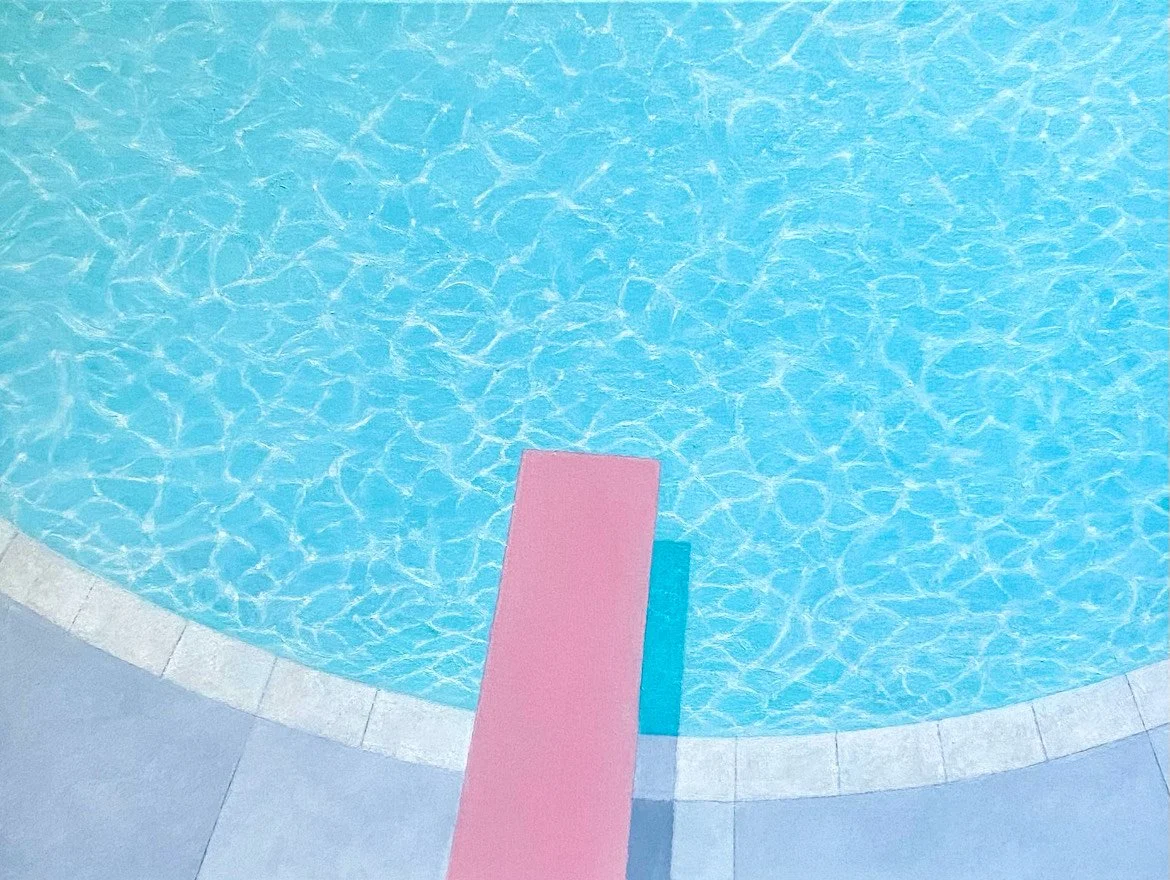 Pink Diving Board, 2025, oil on canvas, 38 x 50 cm, framed in Tasmanian oak  SOLD price: $635.00
