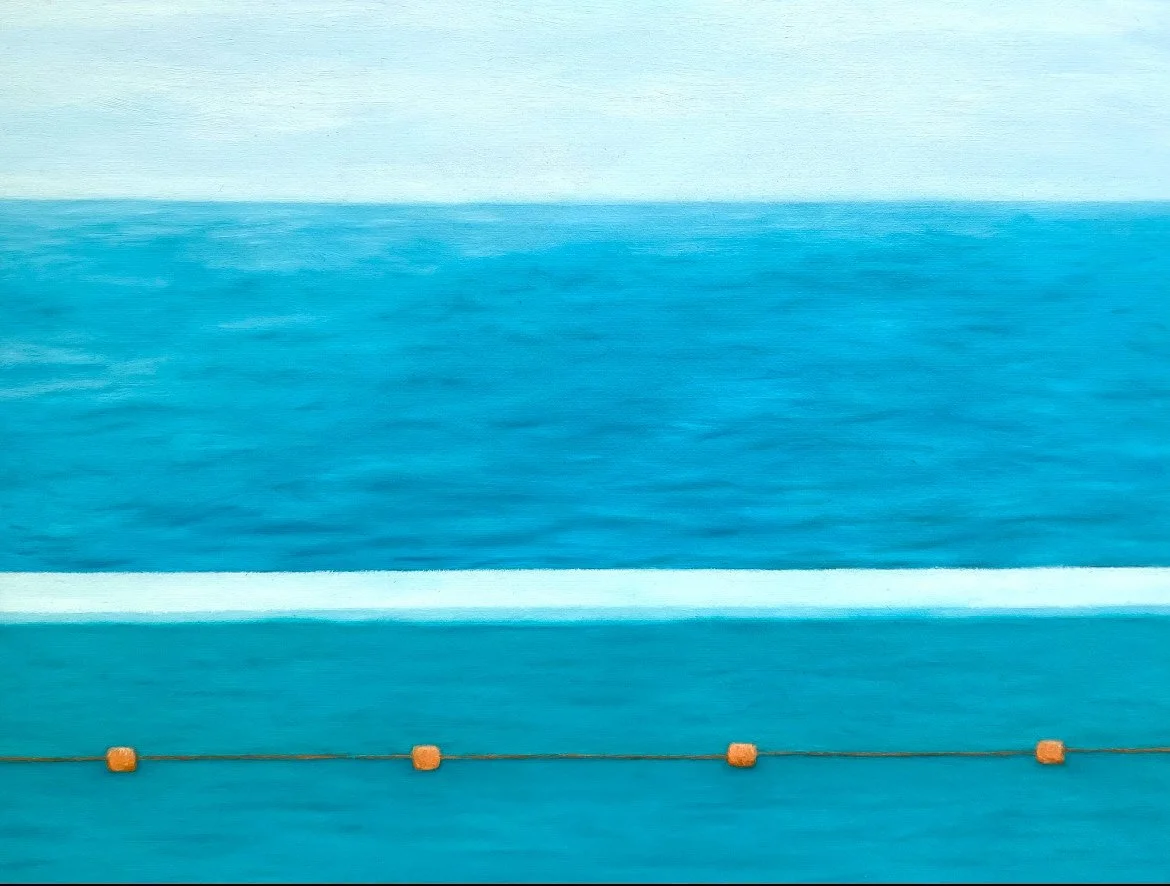Pool & Ocean, 2025, oil on canvas, 38 x 50 cm, framed in Tasmanian oak  SOLD price: $635.00