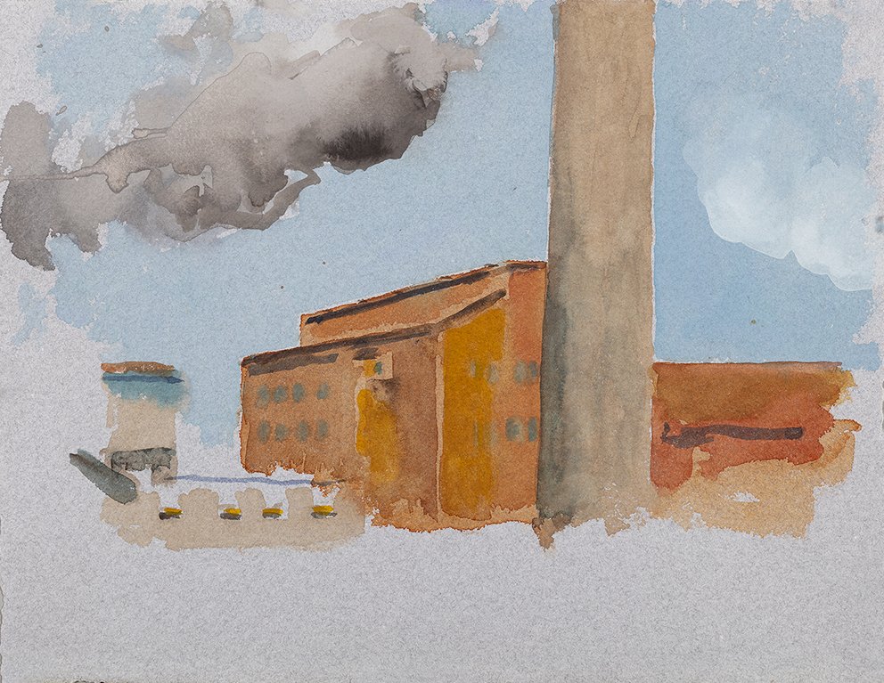 Port Kembla III, 2025, watercolour on Moulin de Larroque, handmade grey cotton rag, 25.5 x 33cm unframed, 40 x 48cm framed  price:&nbsp;$475.00 unframed.  $725.00 framed 