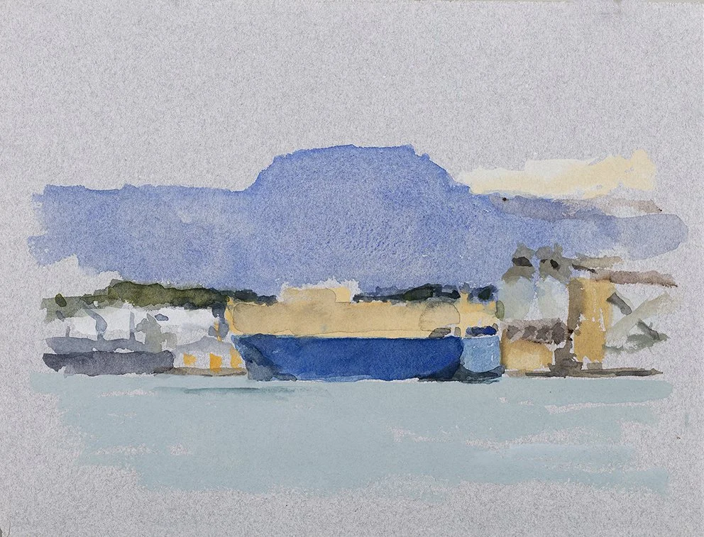  Port Kembla IV, 2025, watercolour on Moulin de Larroque, handmade grey cotton rag, 25.5 x 33cm unframed, 40 x 48cm framed  price:&nbsp;$475.00 unframed.  $725.00 framed 