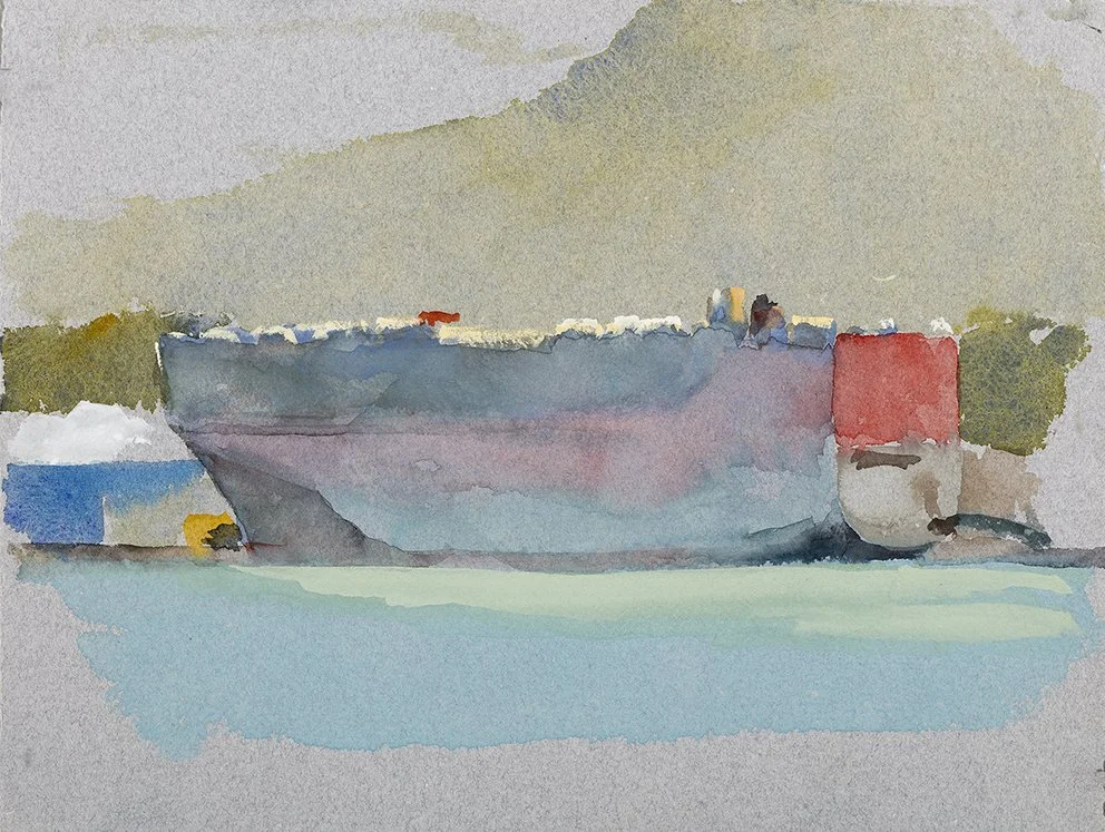  Port Kembla VI, 2025, watercolour on Moulin de Larroque, handmade grey cotton rag, 25.5 x 33cm unframed, 40 x 48cm framed  price:&nbsp;$475.00 unframed.  $725.00 framed 