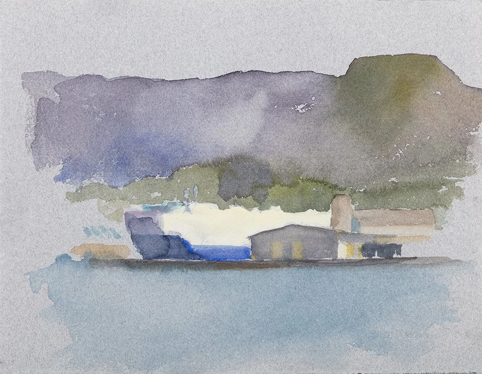  Port Kembla VIII, 2025, watercolour on Moulin de Larroque, handmade grey cotton rag, 25.5 x 33cm unframed, 40 x 48cm framed  price:&nbsp;$475.00 unframed.  $725.00 framed 