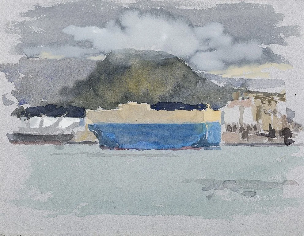  Port Kembla XI, 2025, watercolour on Moulin de Larroque, handmade grey cotton rag, 25.5 x 33cm unframed, 40 x 48cm framed  price:&nbsp;$475.00 unframed.  $725.00 framed 