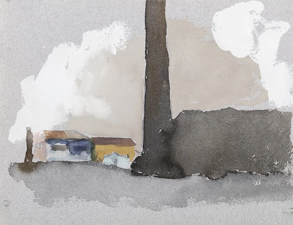  Port Kembla XII, 2025, watercolour on Moulin de Larroque, handmade grey cotton rag, 25.5 x 33cm unframed, 40 x 48cm framed  price:&nbsp;$475.00 unframed.  $725.00 framed 