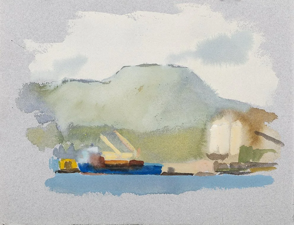  Port Kembla XIII, 2025, watercolour on Moulin de Larroque, handmade grey cotton rag, 25.5 x 33cm unframed, 40 x 48cm framed  price:&nbsp;$475.00 unframed.  $725.00 framed 