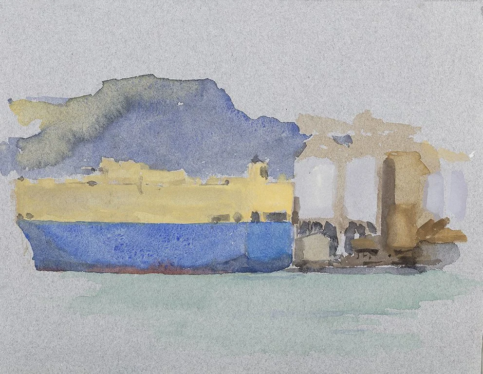  Port Kembla XVI, 2025, watercolour on Moulin de Larroque, handmade grey cotton rag, 25.5 x 33cm unframed, 40 x 48cm framed  price:&nbsp;$475.00 unframed.  $725.00 framed 