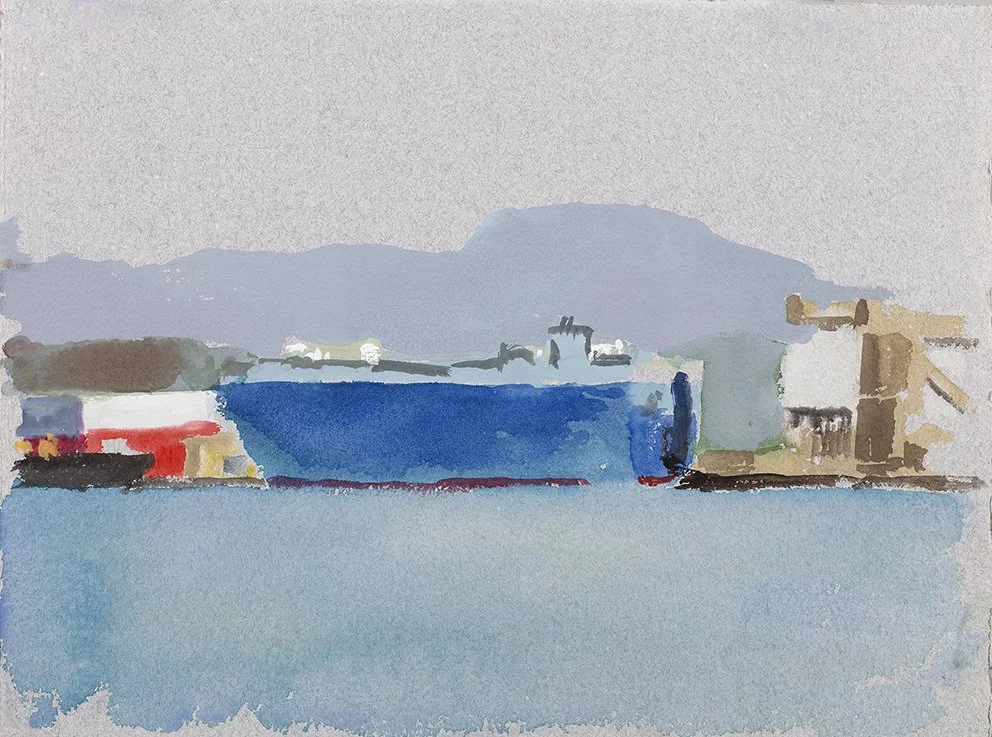  Port Kembla XIX, 2025, watercolour on Moulin de Larroque, handmade grey cotton rag, 25.5 x 33cm unframed, 40 x 48cm framed  price:&nbsp;$475.00 unframed.  $725.00 framed 