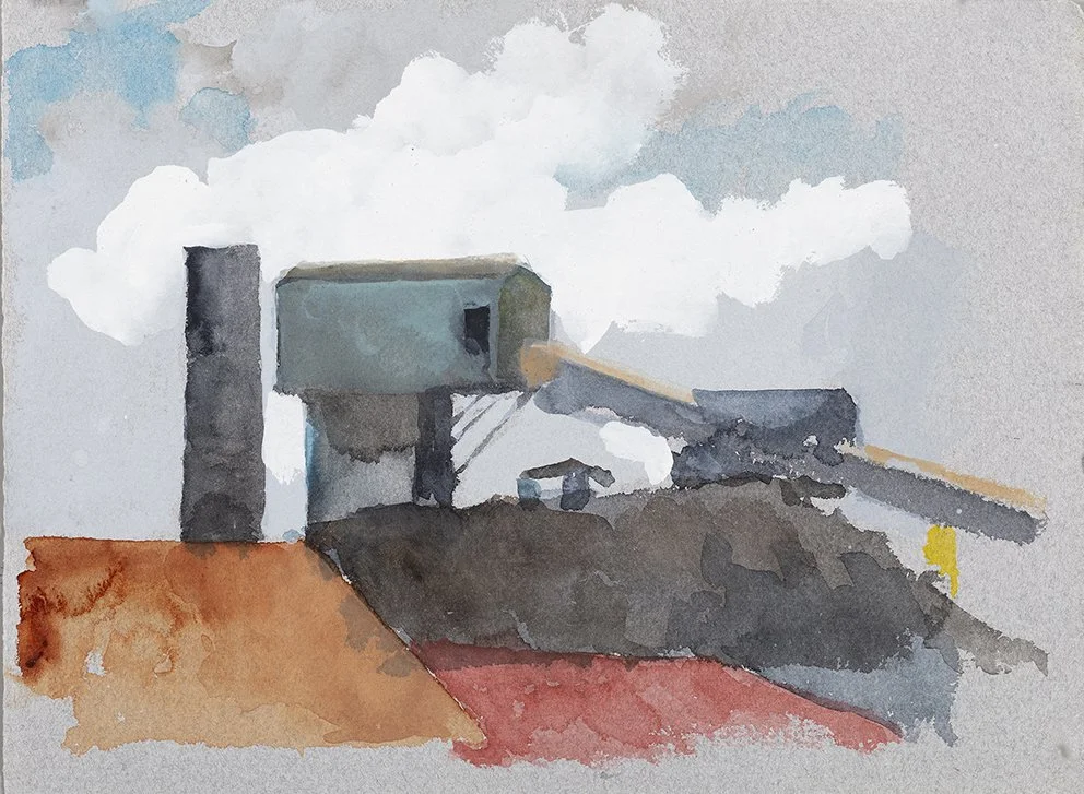  Port Kembla XIX, 2025, watercolour on Moulin de Larroque, handmade grey cotton rag, 25.5 x 33cm unframed, 40 x 48cm framed  price:&nbsp;$475.00 unframed.  $725.00 framed 