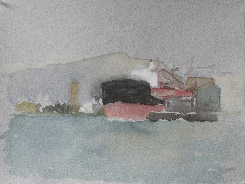  Port Kembla XXI, 2025, watercolour on Moulin de Larroque, handmade grey cotton rag, 25.5 x 33cm unframed, 40 x 48cm framed  price:&nbsp;$475.00 unframed.  $725.00 framed 