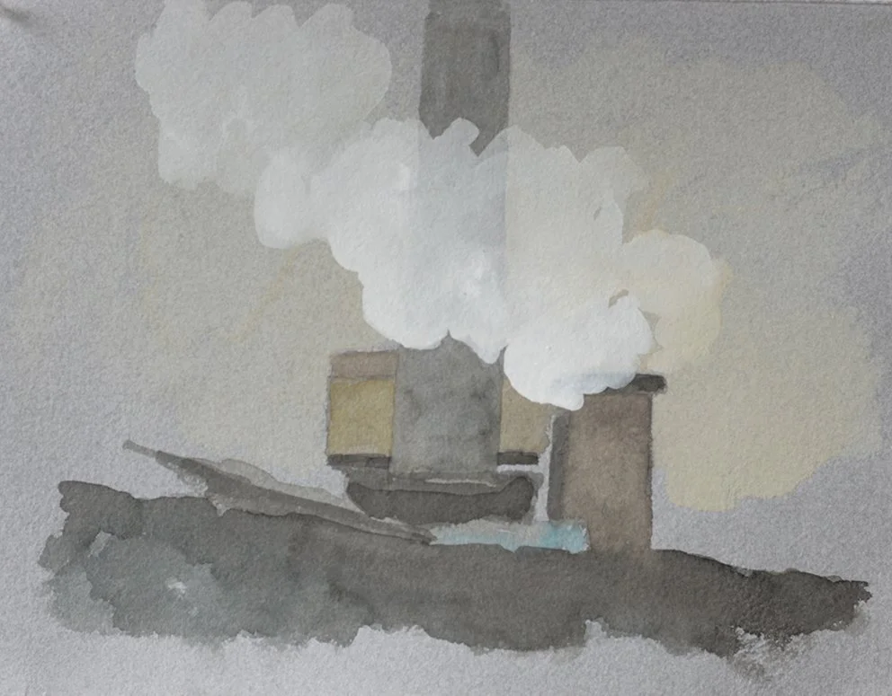  Port Kembla XXII, 2025, watercolour on Moulin de Larroque, handmade grey cotton rag, 25.5 x 33cm unframed, 40 x 48cm framed  price:&nbsp;$475.00 unframed.  $725.00 framed 