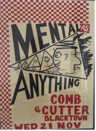  Early and rare Mental As Anything graphic by artist Frank Littler. Comb and Cutter Blacktown., screenprint with poster inks on paper, 76 x 52cm framed  price:&nbsp; $850.00 