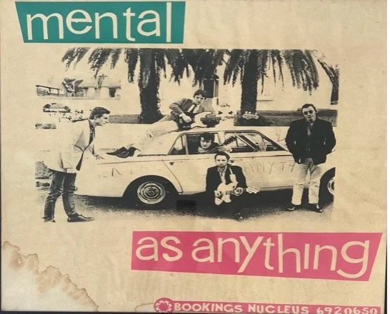  Early Mental As Anything promotional poster ( bookings Nucleus), screenprint with poster inks on paper, 77 x 87cm framed, paper soiled.  Photo by nationally acclaimed photographer Sue Ford.  price:&nbsp; $550.00   