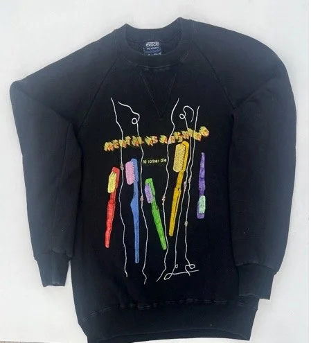 ‘I’d rather die’ tooth brush and dental floss design by Paul Worstead.&nbsp; Cotton windcheater. Never been worn (age stains) Screen print and hand paint on cotton.&nbsp; (one of only approx. 30 produced)  Price:&nbsp; $200.00 