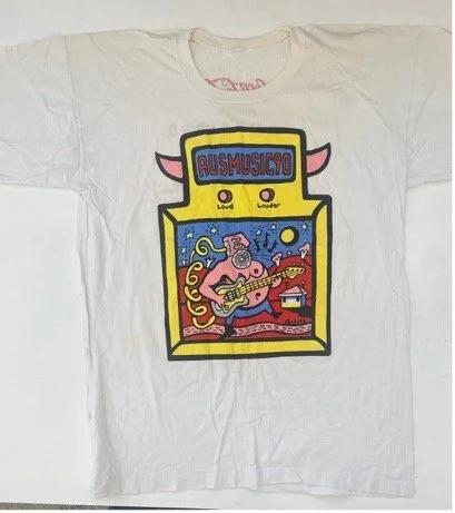  Ausmusic 90 by Chris O’Doherty, on cotton t shirt.&nbsp; List of bands on the back.  Never been worn (t-shirt has age stains) Screen print  Price:&nbsp; $100.00 