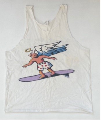  Surf Habits of the Blow Fly by Chris O’Doherty and Martin Murphy, on cotton singlet.  Never been worn (t-shirt has age stains) Screen print. ( two available)  price:&nbsp; $100.00 