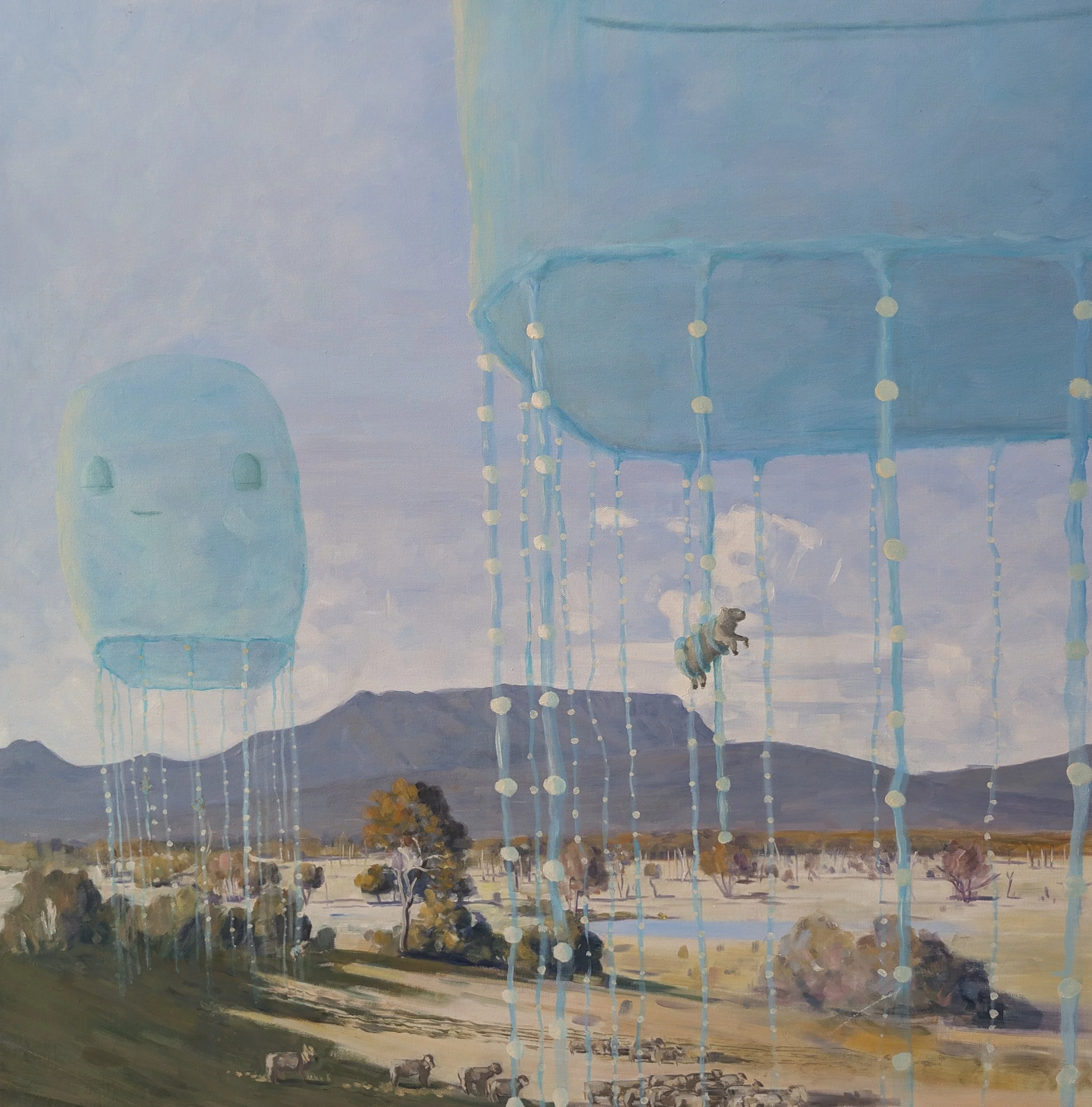   “Feeding time” , 2025, 86cm x 86cm. Oil on canvas. Painted on a hand painted reproduction of “The Golden Fleece” 1926 by Arthur Streeton.&nbsp;   price:&nbsp; $3,200.00 