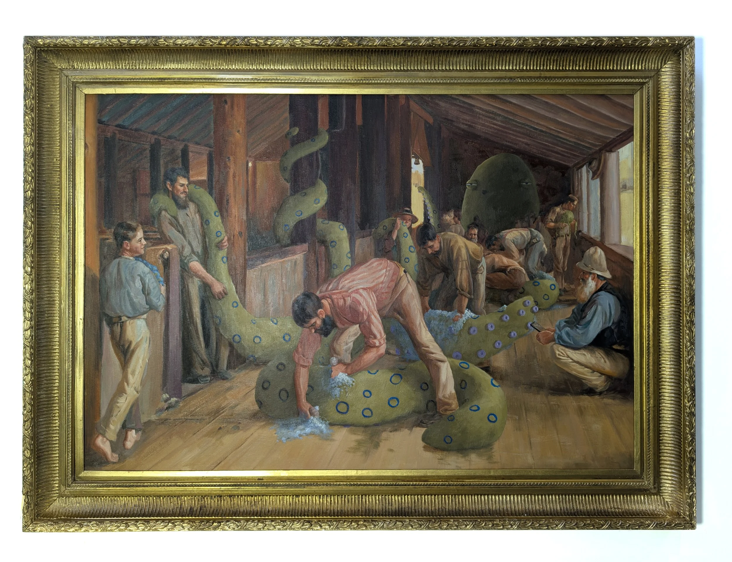   “Pampering Mum / Sudsing the arms”,  2025, 123cm x 81cm, oil on canvas. Painted on a hand painted reproduction of “Shearing The Rams” 1890 by Tom Roberts.&nbsp; Presented in a reclaimed gilt frame.&nbsp;   price:&nbsp; $4,400.00 