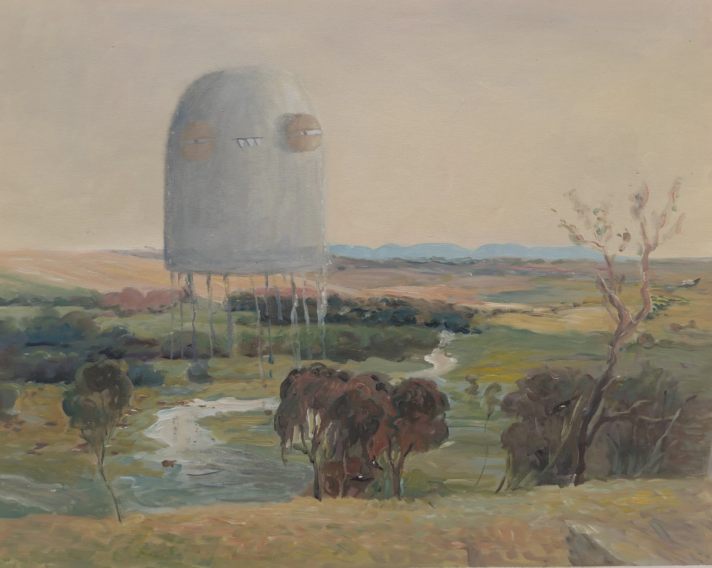  “ABC - Always Be Cruisin’” 2026. 52cm x 41cm. Oil on canvas.&nbsp; Painted on a reproduction of “Still glides the stream, and shall forever glide” 1890 by Arthur Streeton.&nbsp; Presented in a reclaimed gilt frame.&nbsp;   price:&nbsp; $1,900.00 