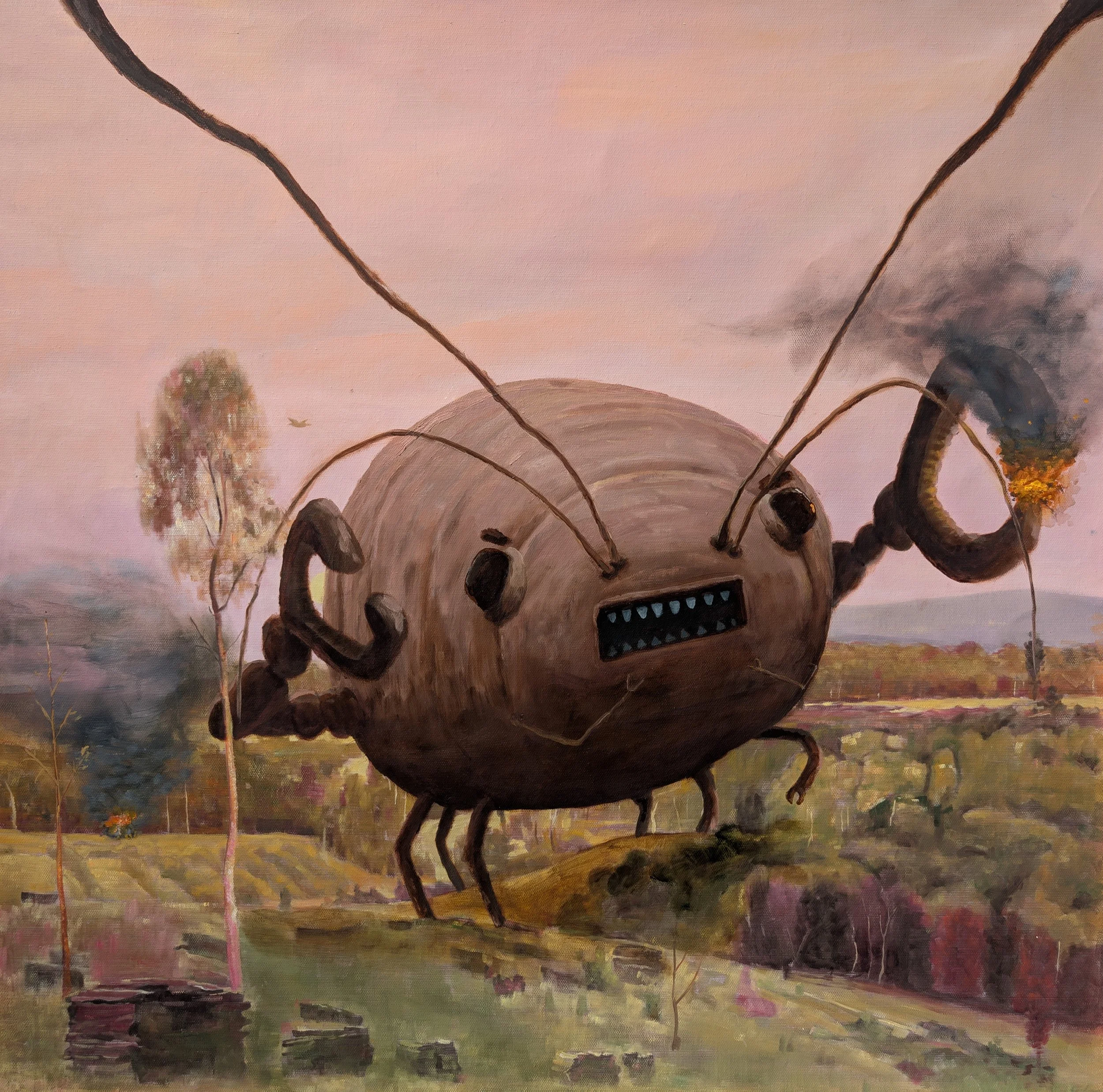   “AHHH FUCK”  2026. 80cm x 80cm. Oil on canvas. Painted on a hand painted reproduction of “'Evening, when the quiet east flushes faintly at the sun's last look” 1888 by Tom Roberts. Presented in a reclaimed gilt frame.&nbsp;   price:&nbsp; $2,900.00