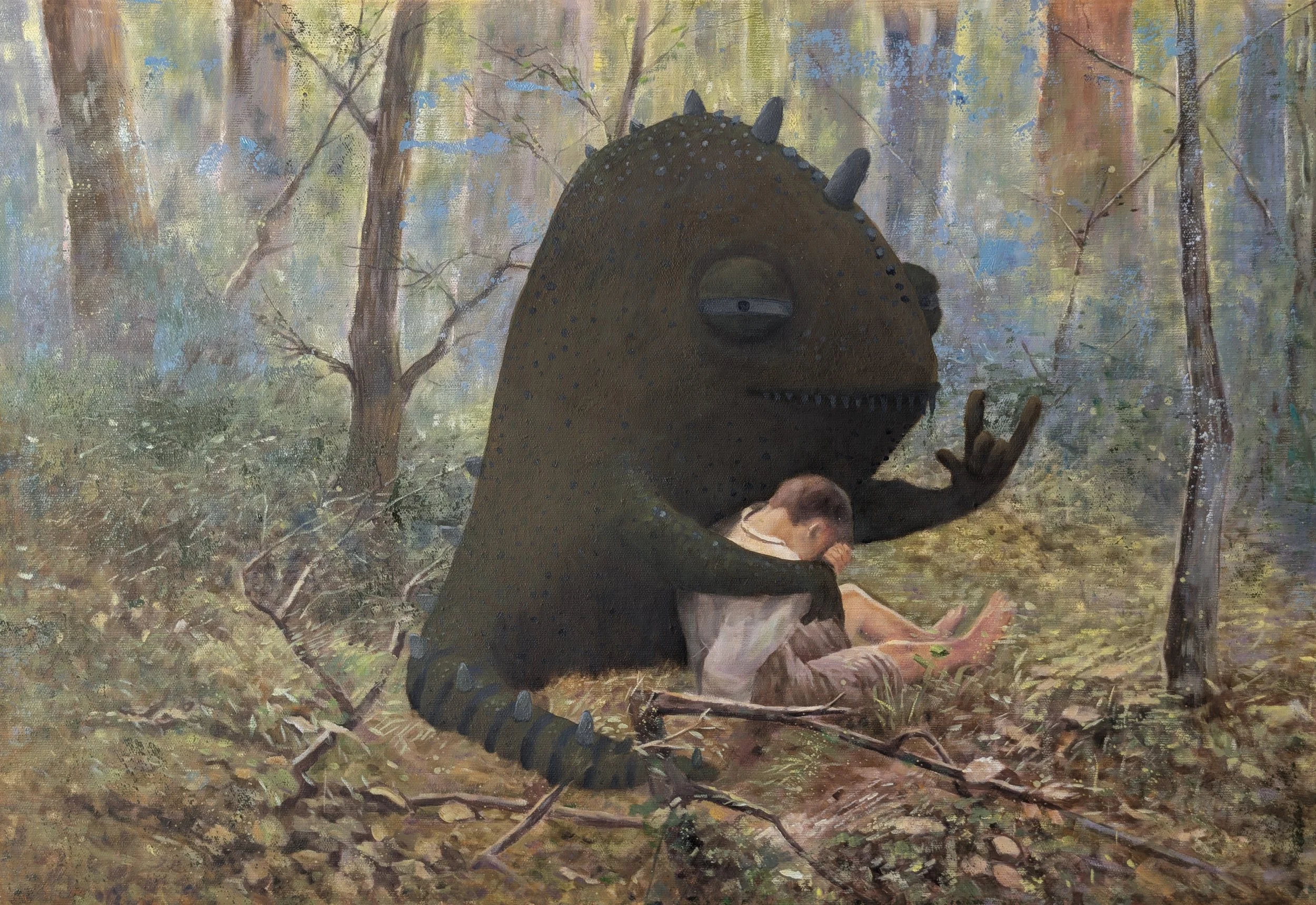   “Bush Lullaby”  2025. 77cm x 52cm Oil on canvas. Painted on a hand painted reproduction of “Lost” 1907 by Frederick McCubbin.&nbsp; Presented in a reclaimed gilt frame.&nbsp;   price:&nbsp; $2,300.00 