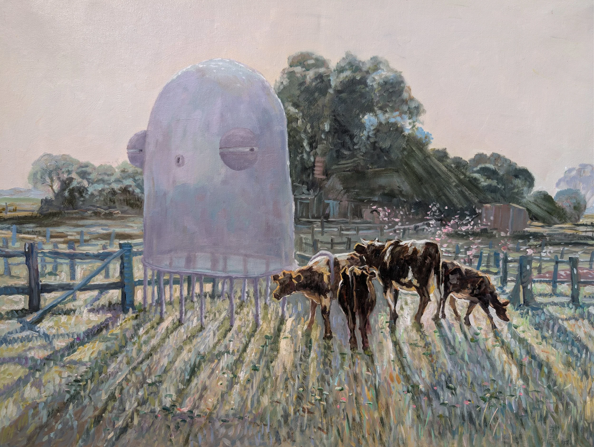   "Moo?" , 2026. Oil on canvas. 73x52cm.Oil on canvas.&nbsp; Painted on a hand painted reproduction of "Spring Frost" 1919 by Elioth Gruner.&nbsp; Presented in a reclaimed gilt frame.&nbsp;   price:&nbsp; $2400.00 
