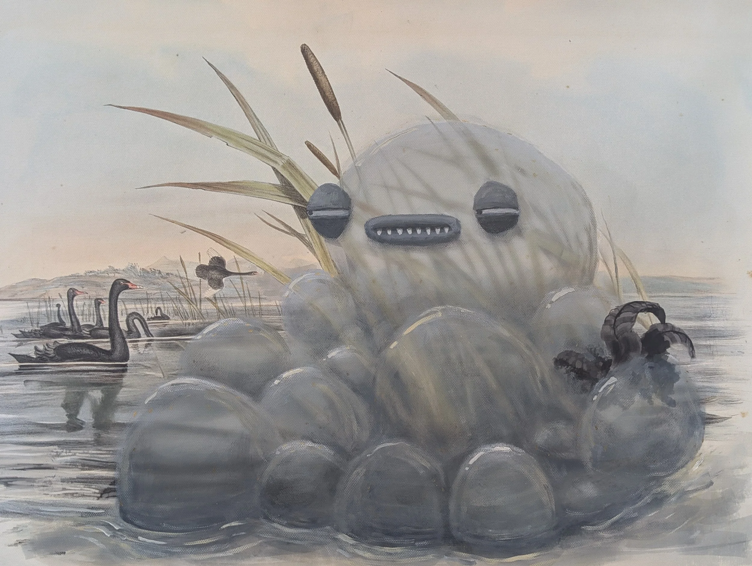  “Swan Eater / Gelatinus furtivus” 2025.  64cm x 55cm. Oil on canvas.&nbsp; Painted over an archival pigment ink reproduction of  Cygnus atratus  (Black Swan) from  The Birds of Australia  by John Gould (published 1840–1848).&nbsp; Presented in a re