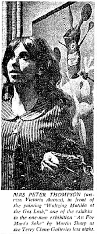  A section of the work is seen in an image published in the Sydney Morning Herald of Thursday 9 December 1965. The text accompanying the photograph reads: Mrs Peter Thompson (actress Victoria Anoux), in front of the painting "Waltzing Matilda at the 