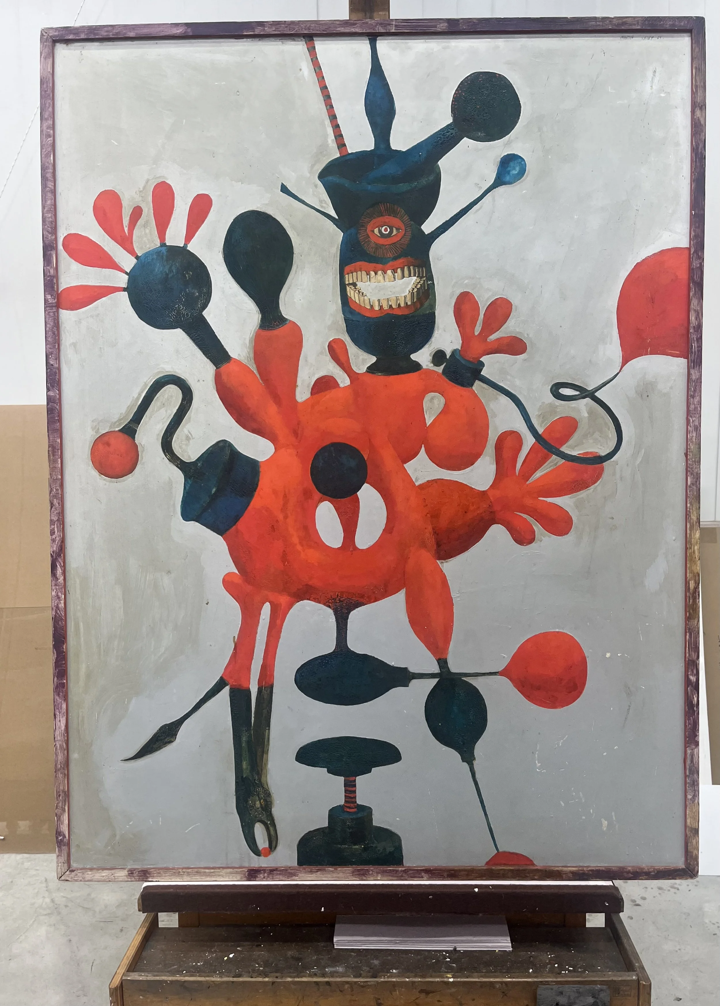  Waltzing Matilda at the Gas Lash, 1965, oil paint and paper on masonite board, 124 × 94.4cm, signed upper right corner and centre lower edge.  Exhibited in a solo exhibition at Terry Clune Gallery December 1965 Sydney (2026 condition report availabl