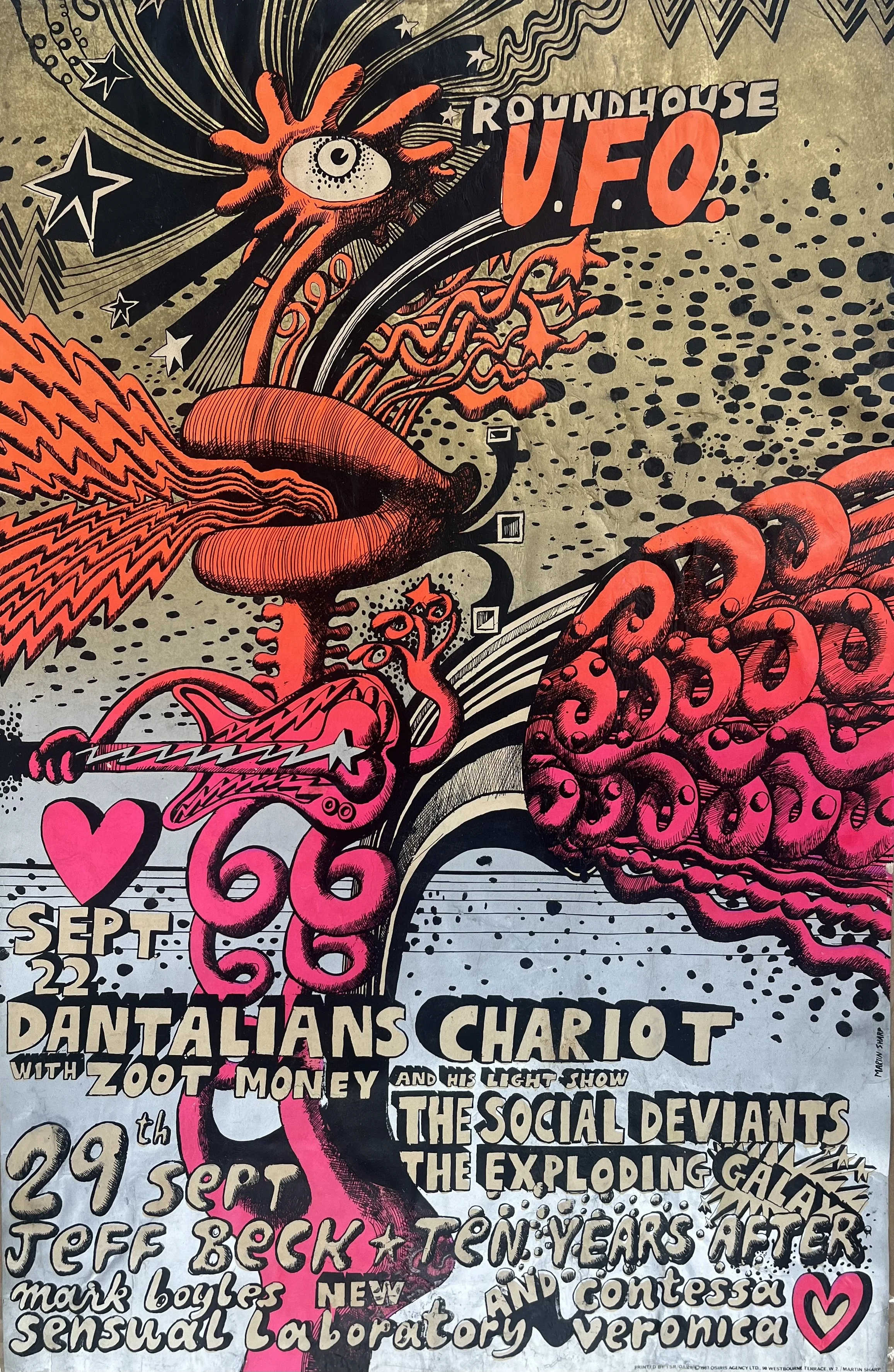  UFO Club at London’s Roundhouse, 29 Sept 1967,  (RARE) silkscreen print on paper, 76 × 50cm, printed by TSR, OA20 published by Osiris Agency Ltd London.  price:  $21,000.00 (AUD) u/f  