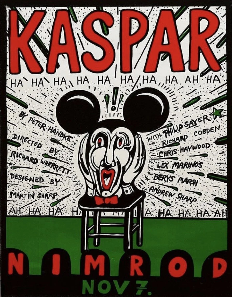  “Kaspar’, Nimrod Theatre, Nov 7, 1973, second printing 1982, edition no. 742 of 1,000, signed lower right, screenprint with poster ink on paper, 73 × 54cm image size.  price:  $3,300 framed 