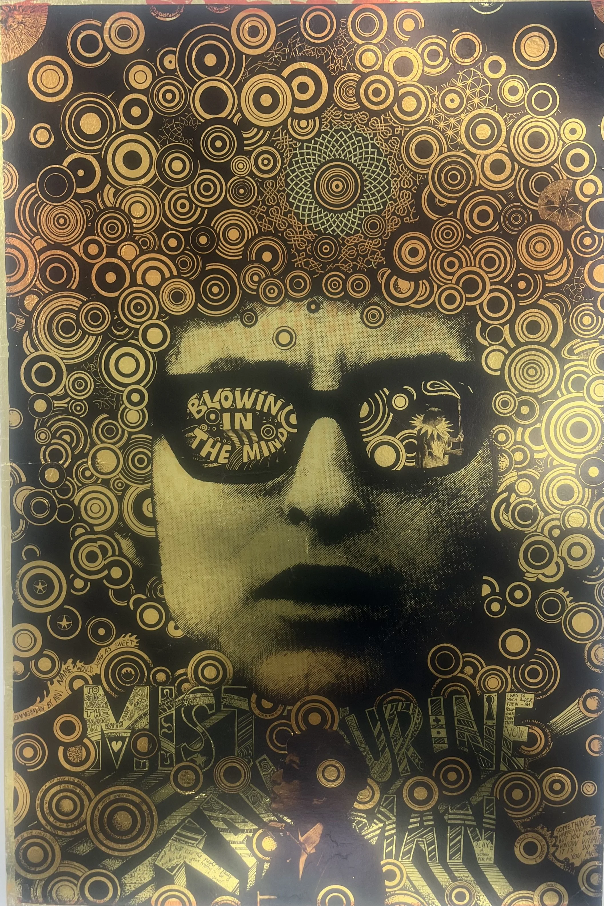 Blowing in My Mind, Mister Tamborine Man, (Bob Dylan), 1967, off set lithograph on gold foil paper, published by Big O Posters, 75.3 × 49.4cm ( slight fading bottom third of print)  price:  $4,400.00 (AUD) u/f 
