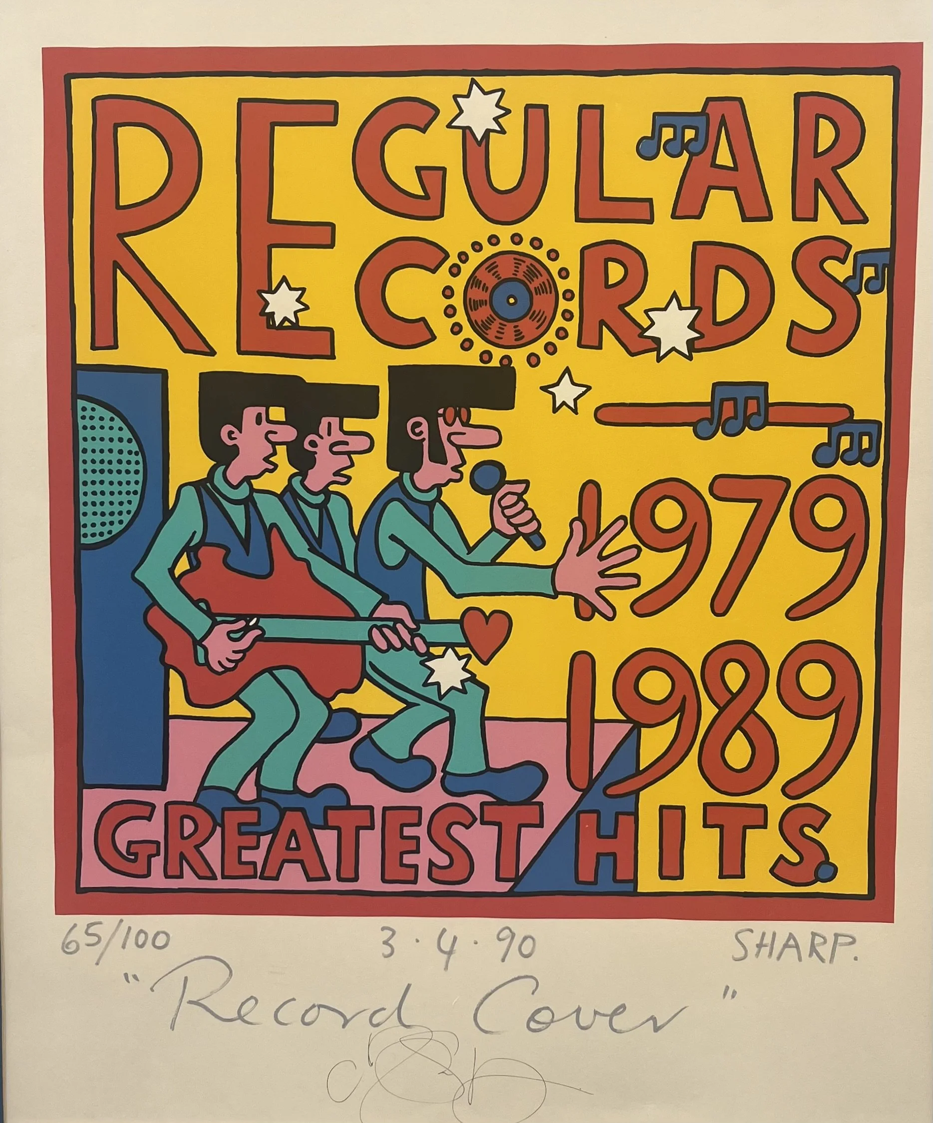  ‘Record Cover’, 1990, Regular Records 1979-1989 Greatest Hits, screen print with poster ink on paper, edition no. 65 of 100. dated titled and signed.    SOLD price:  $1,500.00 framed 