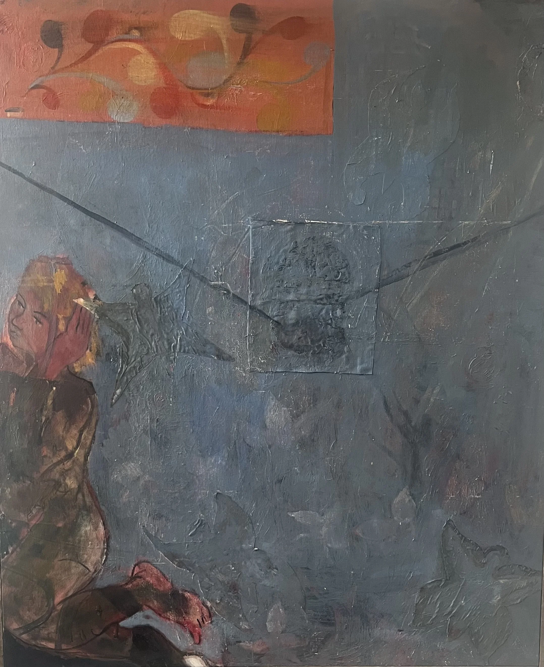  All the names written in the concrete of the city, 2025, oil and acrylic, metal, charcoal textile on linen, 2025, 140 x 160cm&nbsp;   price:&nbsp; $1,750.00 