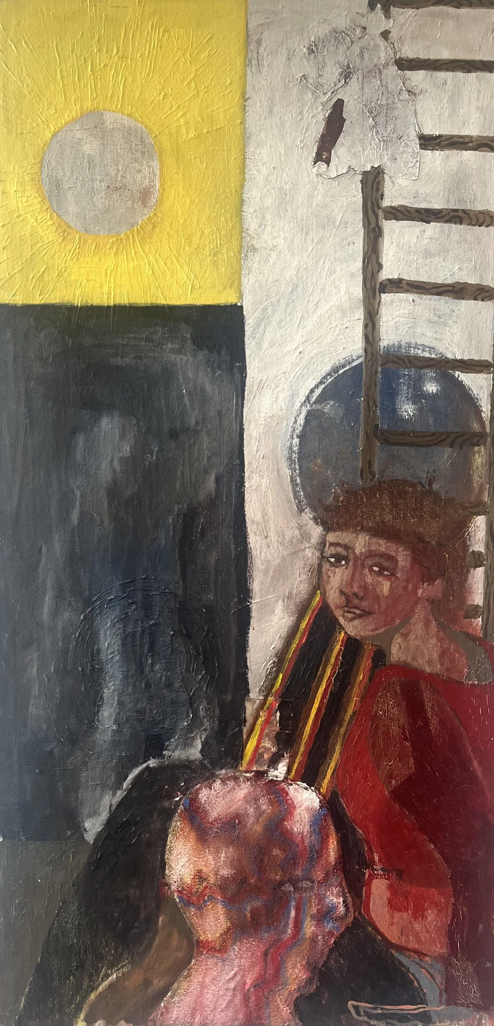  It’s always supposedly going to rain, 2025, oil and acrylic, mixed media on canvas, artist frame, 70 x 110cm&nbsp;   price:&nbsp; $1,200.00 