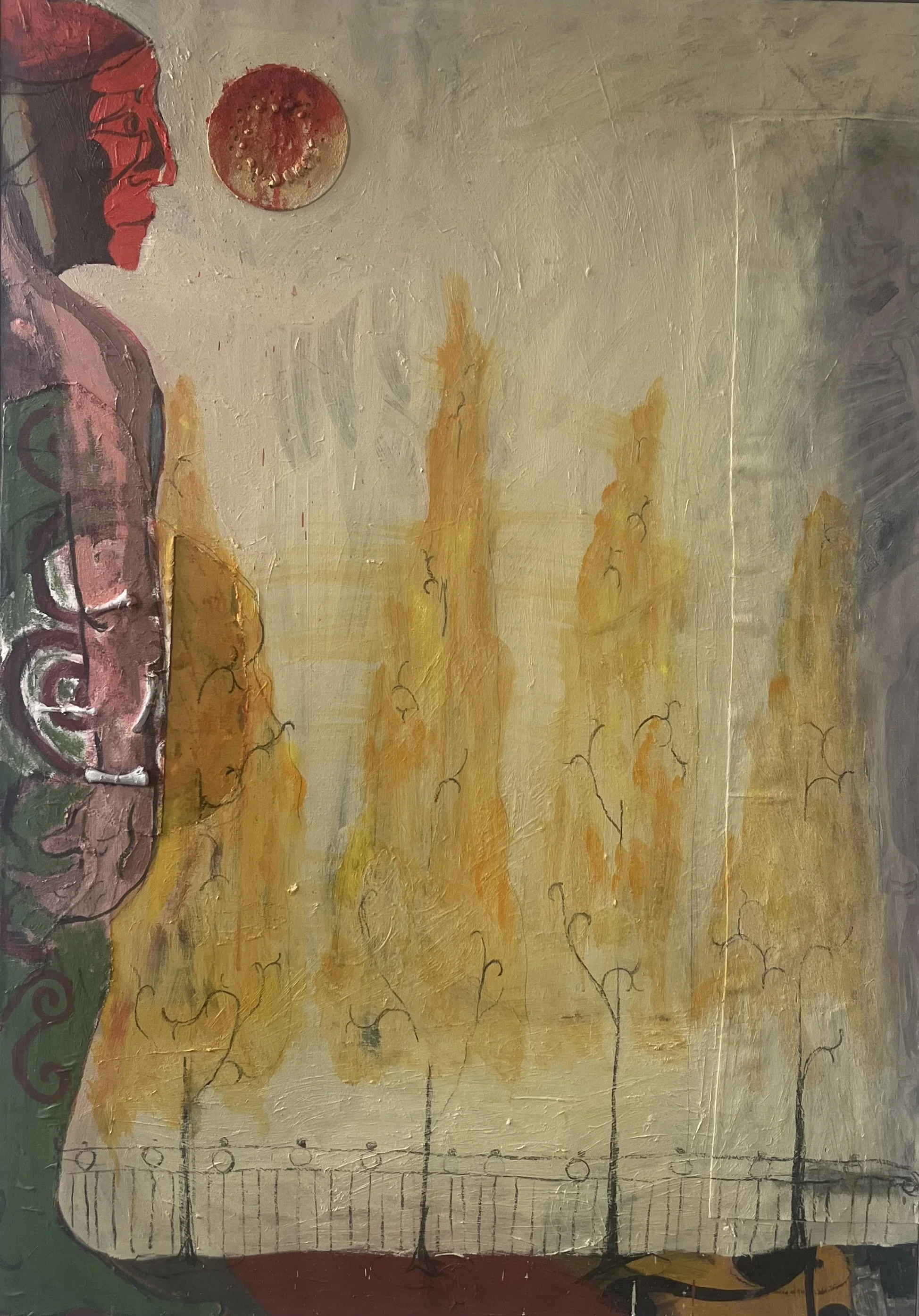  Every story Jumps in the Mouth of the Beginning, 2025-26, oil and acrylic, mixed media on linen, 90 x 120cm&nbsp;   price:&nbsp; $1,500.00 