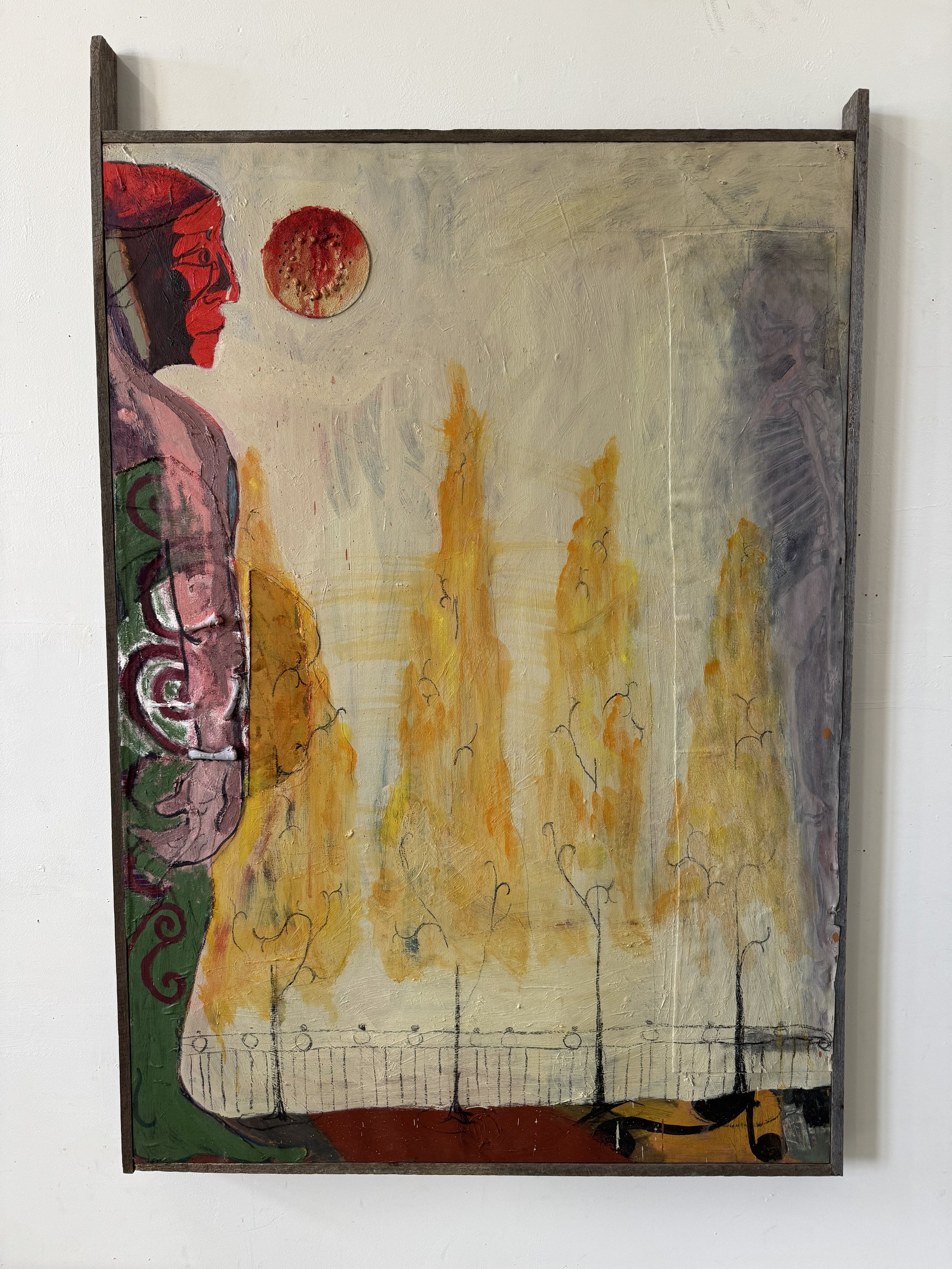  Every story Jumps Into the Mouth of the Beginning, 2025-26, oil and acrylic, charcoal and mixed media on linen, 90 x 120cm&nbsp;   price:&nbsp; $1,500.00 