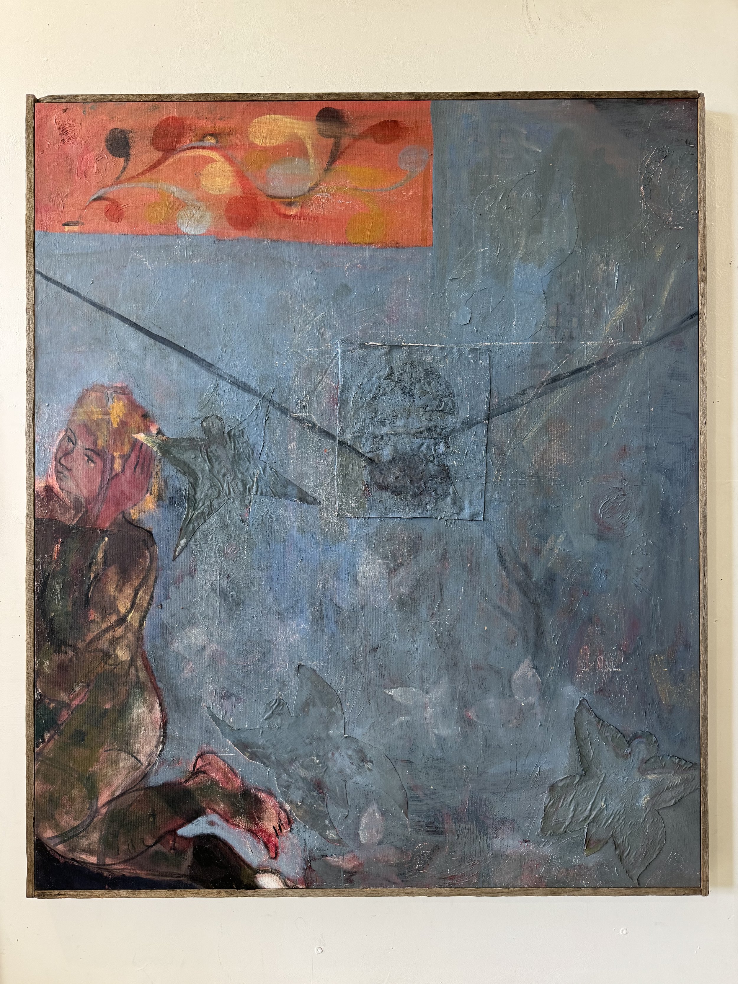  All the names written in the concrete of the city, 2025, oil and acrylic, metal, charcoal textile on linen, 2025, 140 x 160cm&nbsp;   price:&nbsp; $2,100.00 