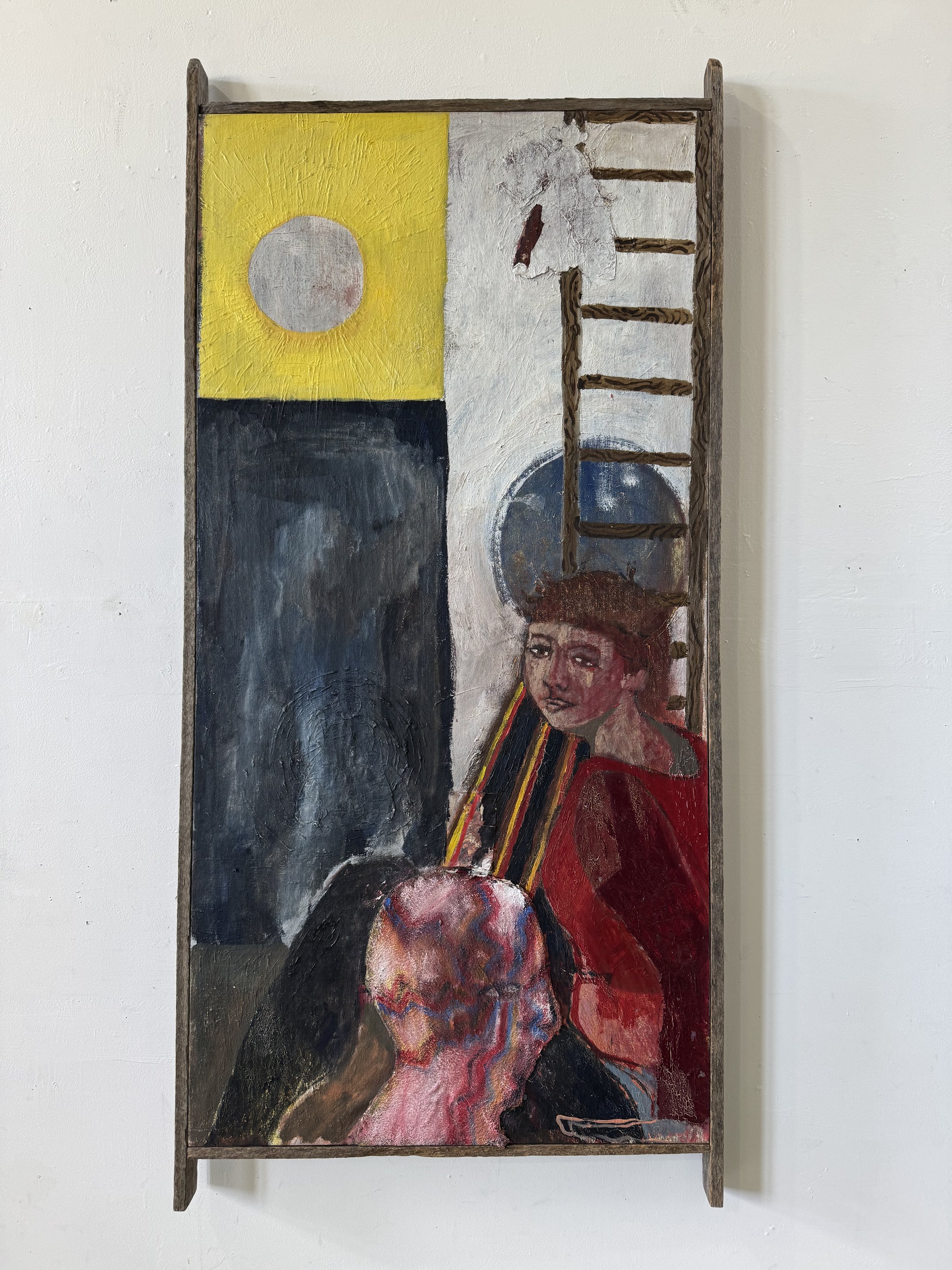  It’s always supposedly going to rain, 2025, oil and acrylic, mixed media on canvas, artist frame, 70 x 110cm&nbsp;   price:&nbsp; $1,200.00 