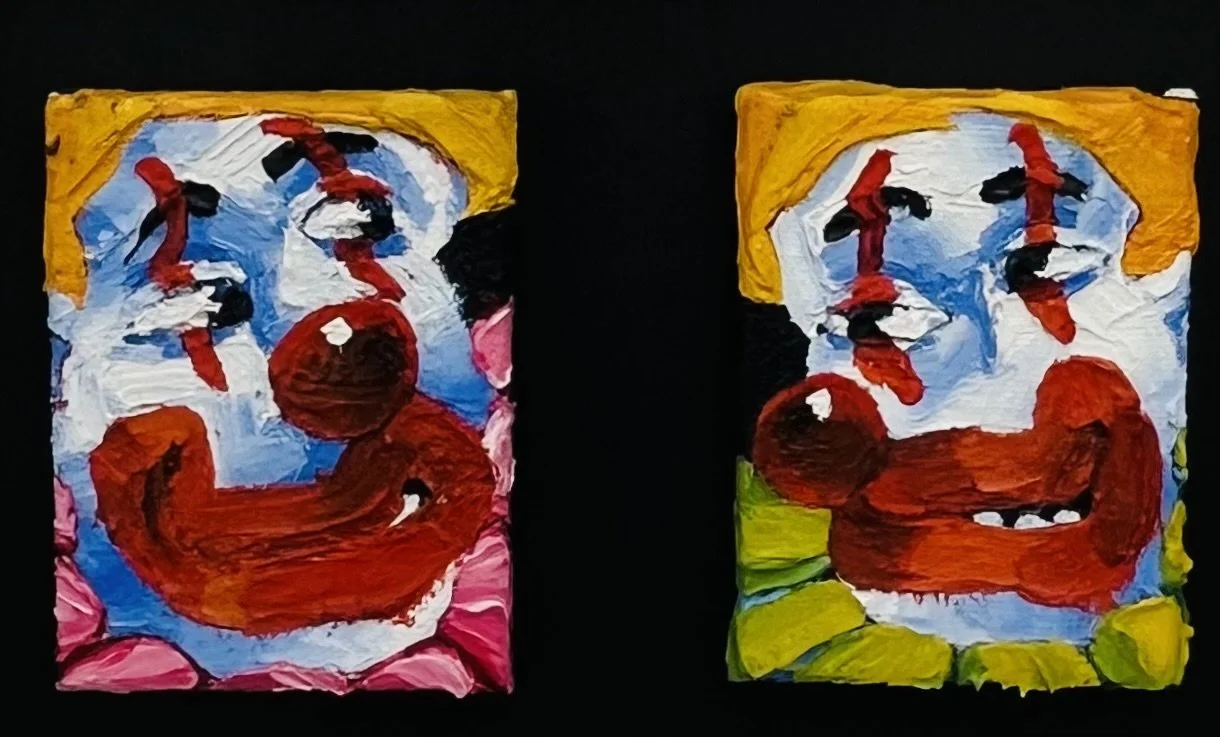  Barrell Clowns 1 (cubed), 2026, oil on canvas, diptych, 41 x 59cm framed&nbsp;&nbsp;&nbsp;&nbsp;&nbsp;&nbsp;&nbsp;&nbsp;&nbsp;&nbsp;&nbsp;&nbsp;&nbsp;&nbsp;&nbsp;&nbsp;&nbsp;&nbsp;&nbsp;&nbsp;&nbsp;&nbsp;&nbsp;&nbsp;&nbsp;&nbsp;&nbsp;&nbsp;&nbsp;&nb