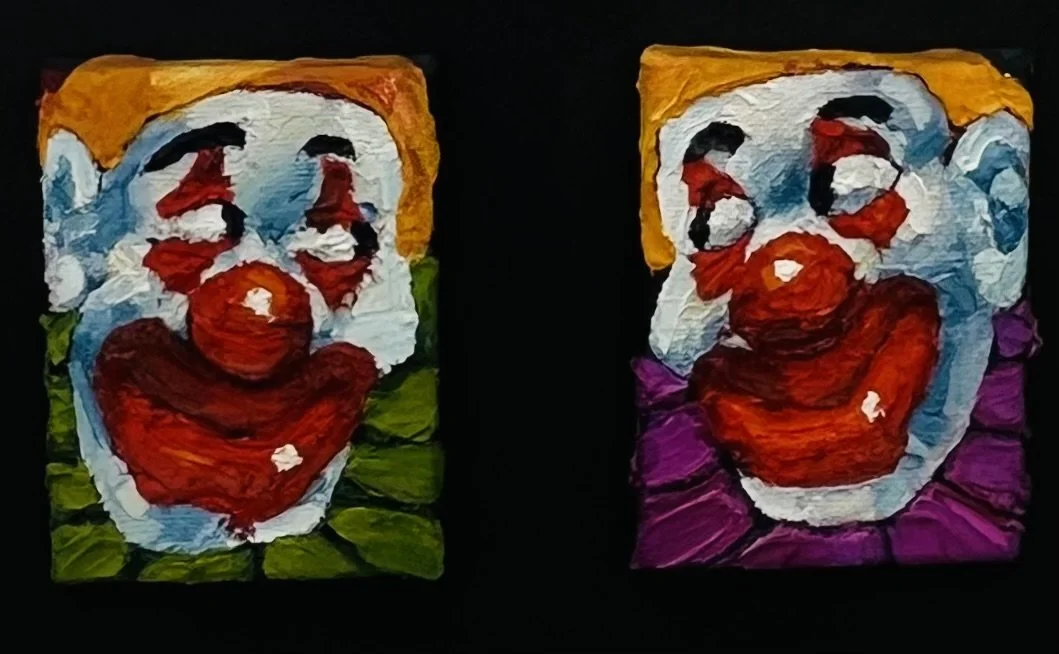 Barrell Clowns 2 (cubed), 2026, oil on canvas, diptych, 41 x 59cm framed&nbsp;&nbsp;&nbsp;&nbsp;&nbsp;&nbsp;&nbsp;&nbsp;&nbsp;&nbsp;&nbsp;&nbsp;&nbsp;&nbsp;&nbsp;&nbsp;&nbsp;&nbsp;&nbsp;&nbsp;&nbsp;&nbsp;&nbsp;&nbsp;&nbsp;&nbsp;&nbsp;&nbsp;&nbsp;&nb